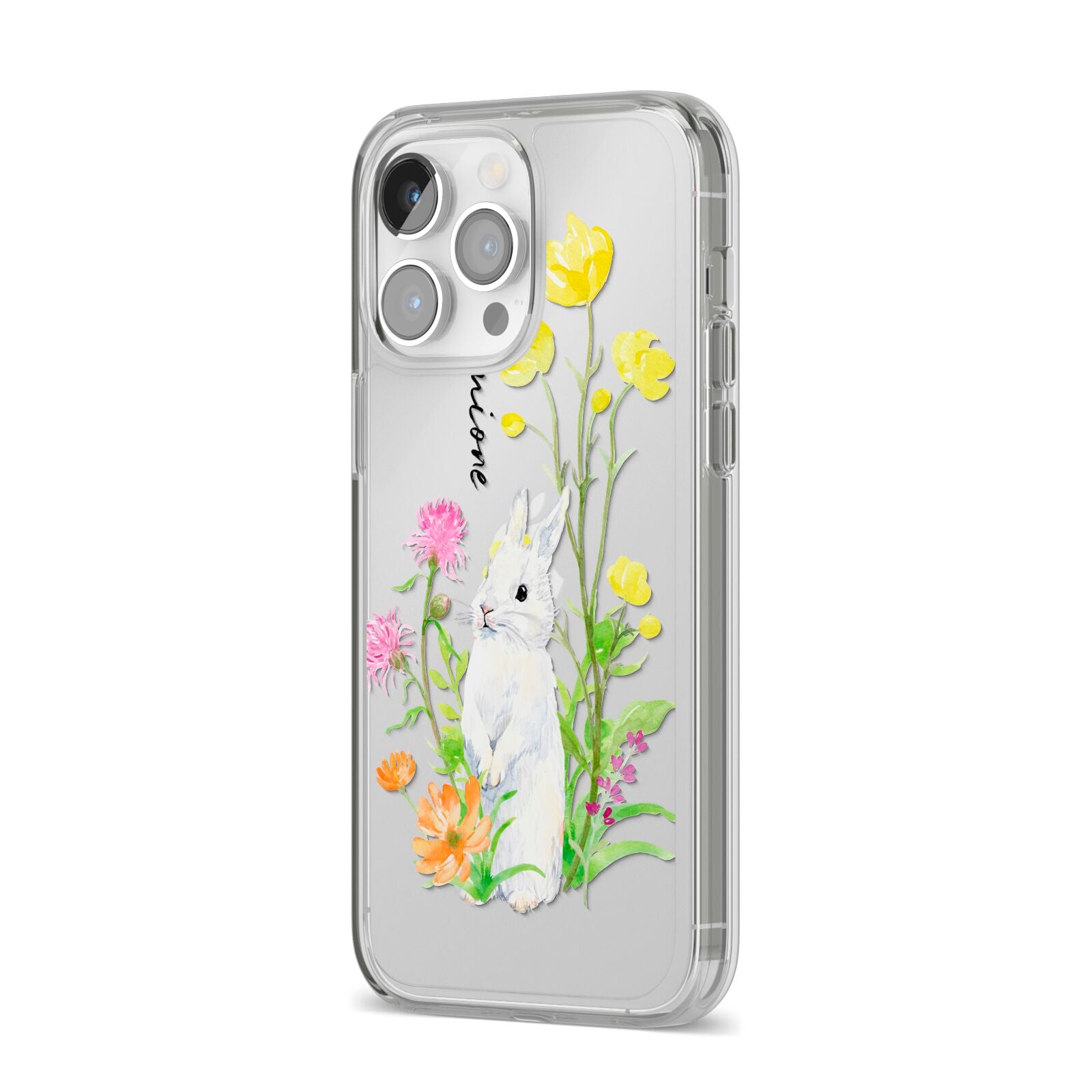 Personalised Bunny Rabbit iPhone 14 Pro Max Clear Tough Case Silver Angled Image