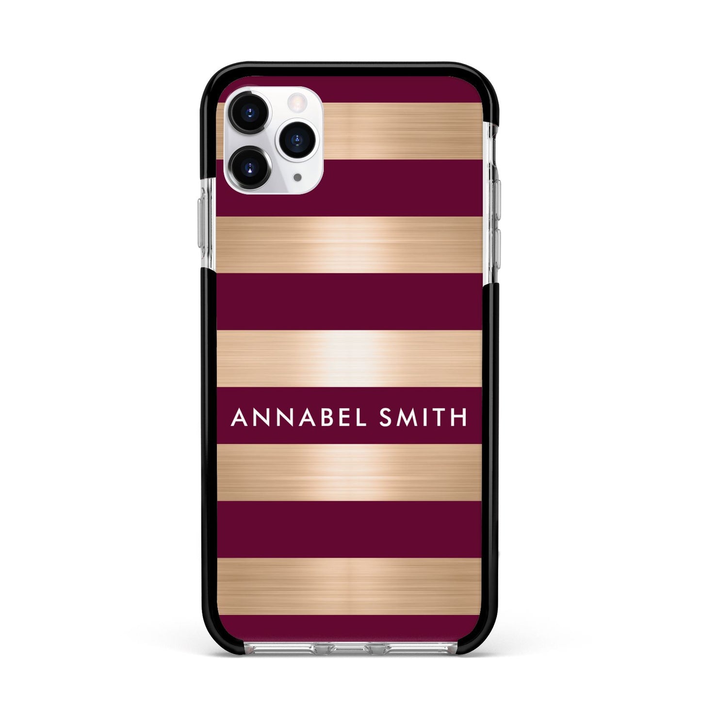 Personalised Burgundy Gold Name Initials Apple iPhone 11 Pro Max in Silver with Black Impact Case