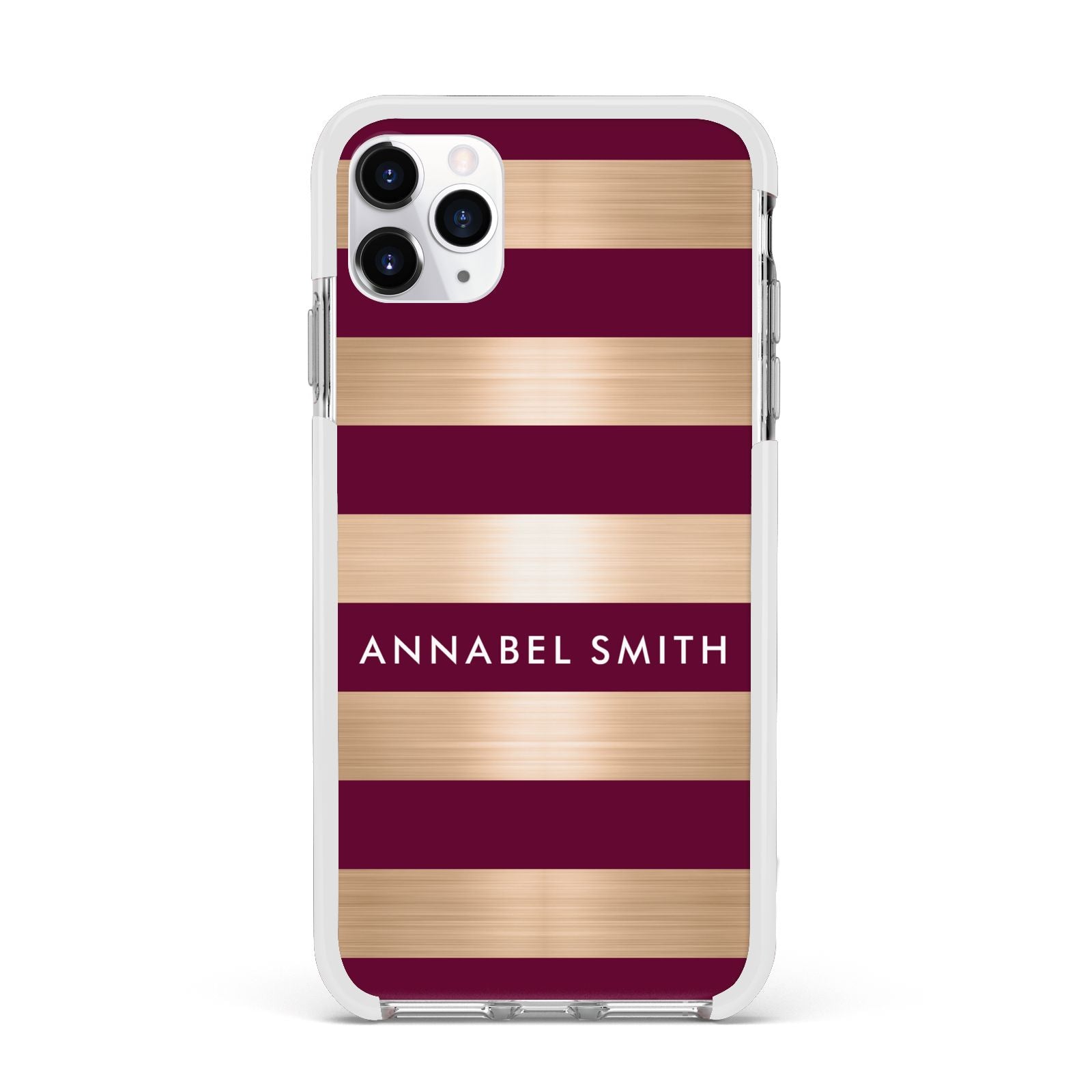 Personalised Burgundy Gold Name Initials Apple iPhone 11 Pro Max in Silver with White Impact Case