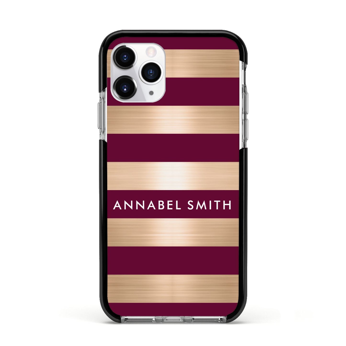 Personalised Burgundy Gold Name Initials Apple iPhone 11 Pro in Silver with Black Impact Case
