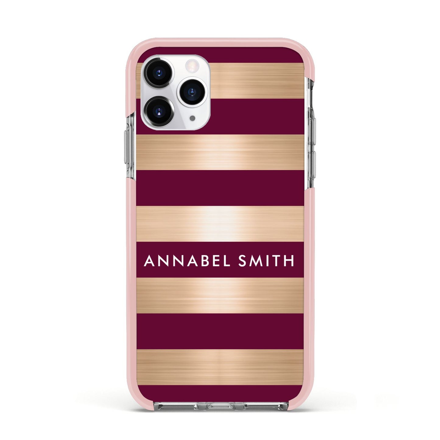 Personalised Burgundy Gold Name Initials Apple iPhone 11 Pro in Silver with Pink Impact Case