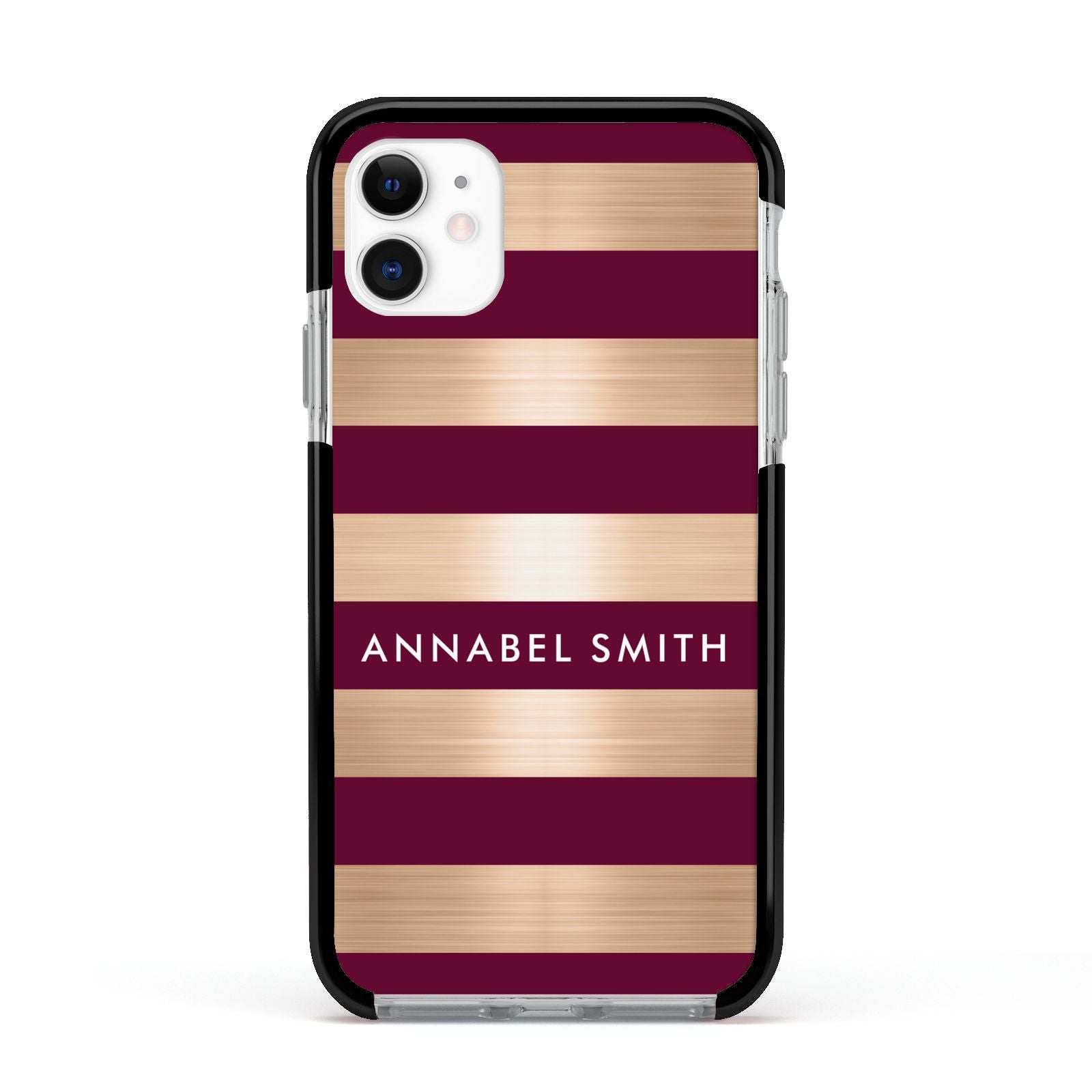 Personalised Burgundy Gold Name Initials Apple iPhone 11 in White with Black Impact Case