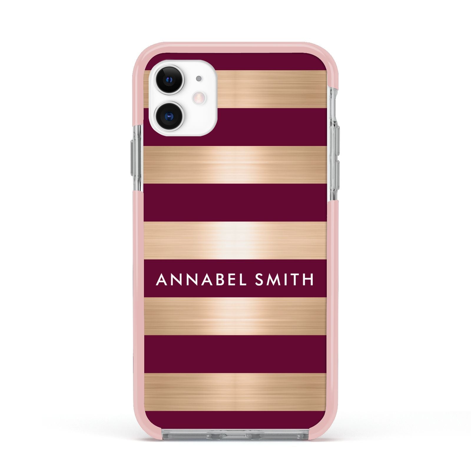 Personalised Burgundy Gold Name Initials Apple iPhone 11 in White with Pink Impact Case