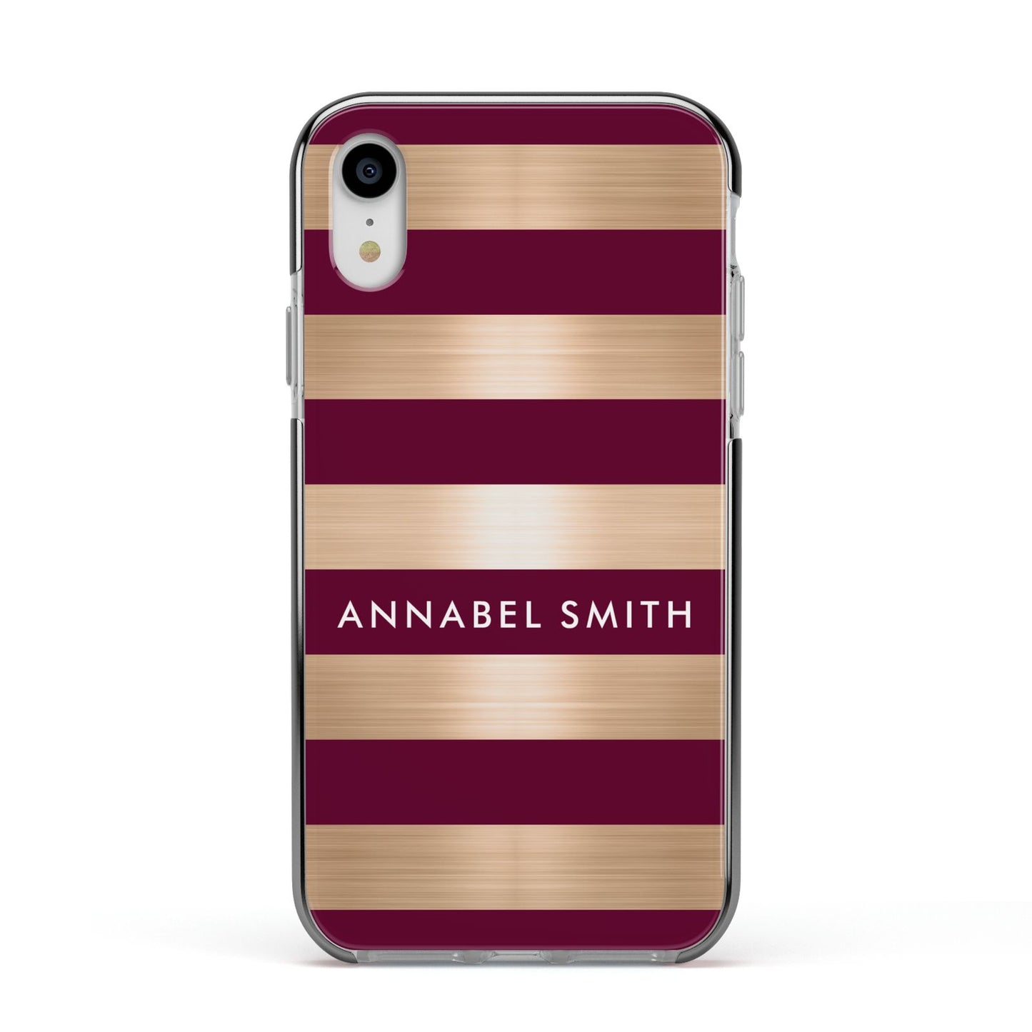 Personalised Burgundy Gold Name Initials Apple iPhone XR Impact Case Black Edge on Silver Phone