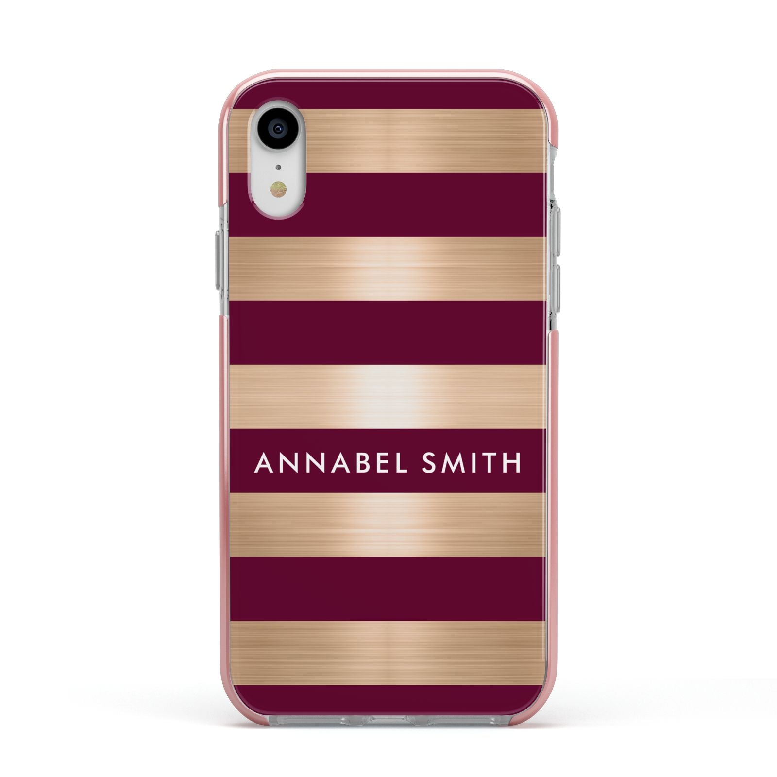 Personalised Burgundy Gold Name Initials Apple iPhone XR Impact Case Pink Edge on Silver Phone