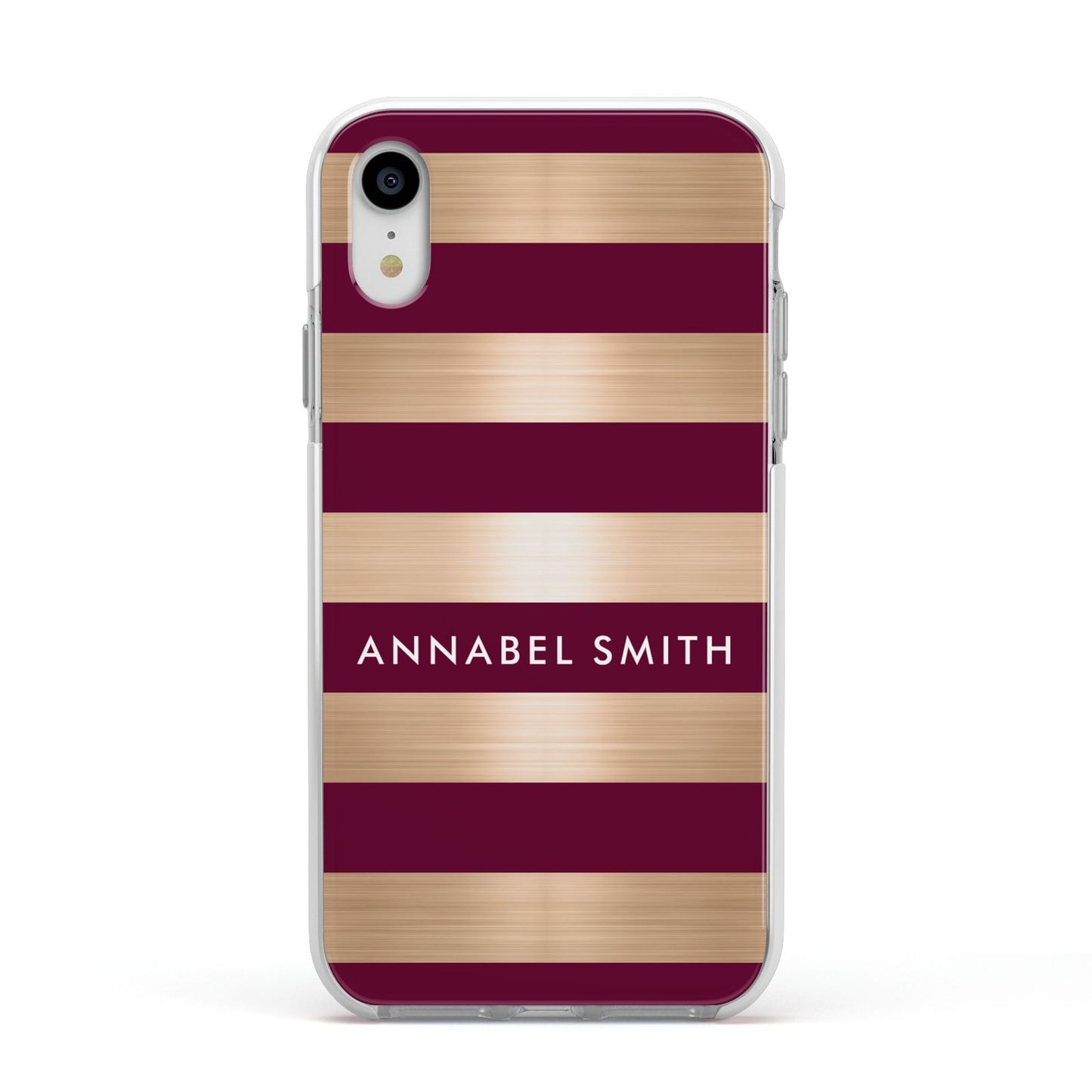 Personalised Burgundy Gold Name Initials Apple iPhone XR Impact Case White Edge on Silver Phone