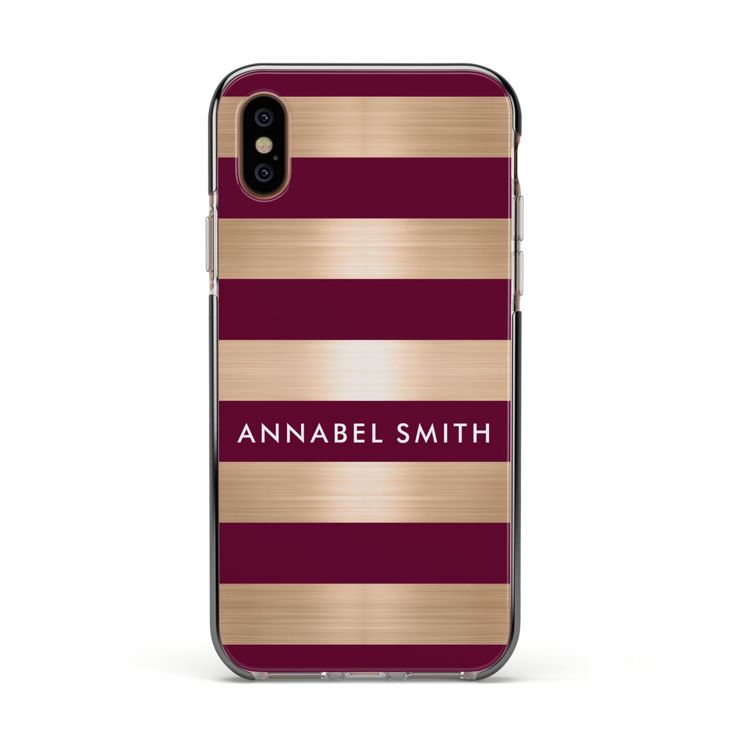 Personalised Burgundy Gold Name Initials Apple iPhone Xs Impact Case Black Edge on Gold Phone