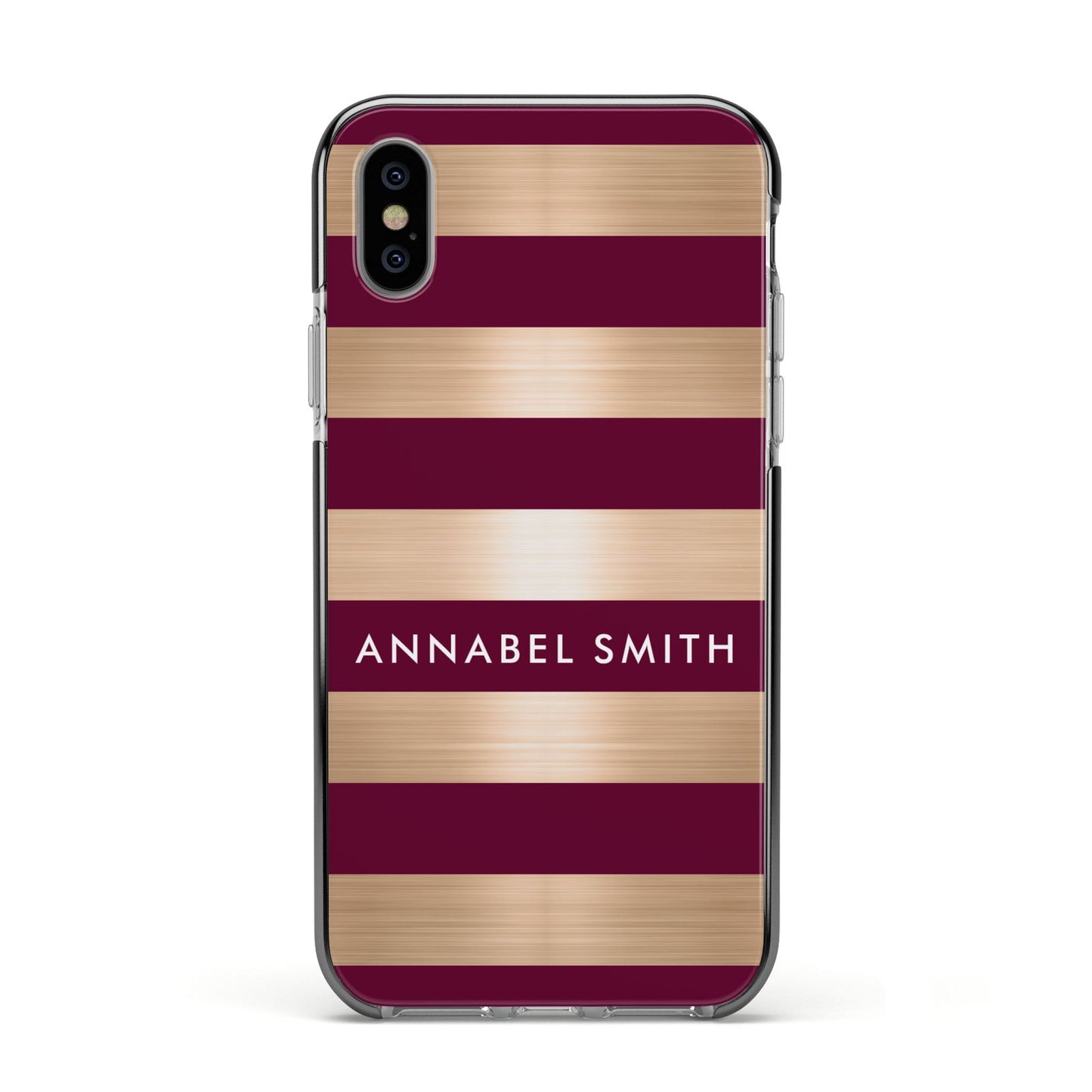 Personalised Burgundy Gold Name Initials Apple iPhone Xs Impact Case Black Edge on Silver Phone