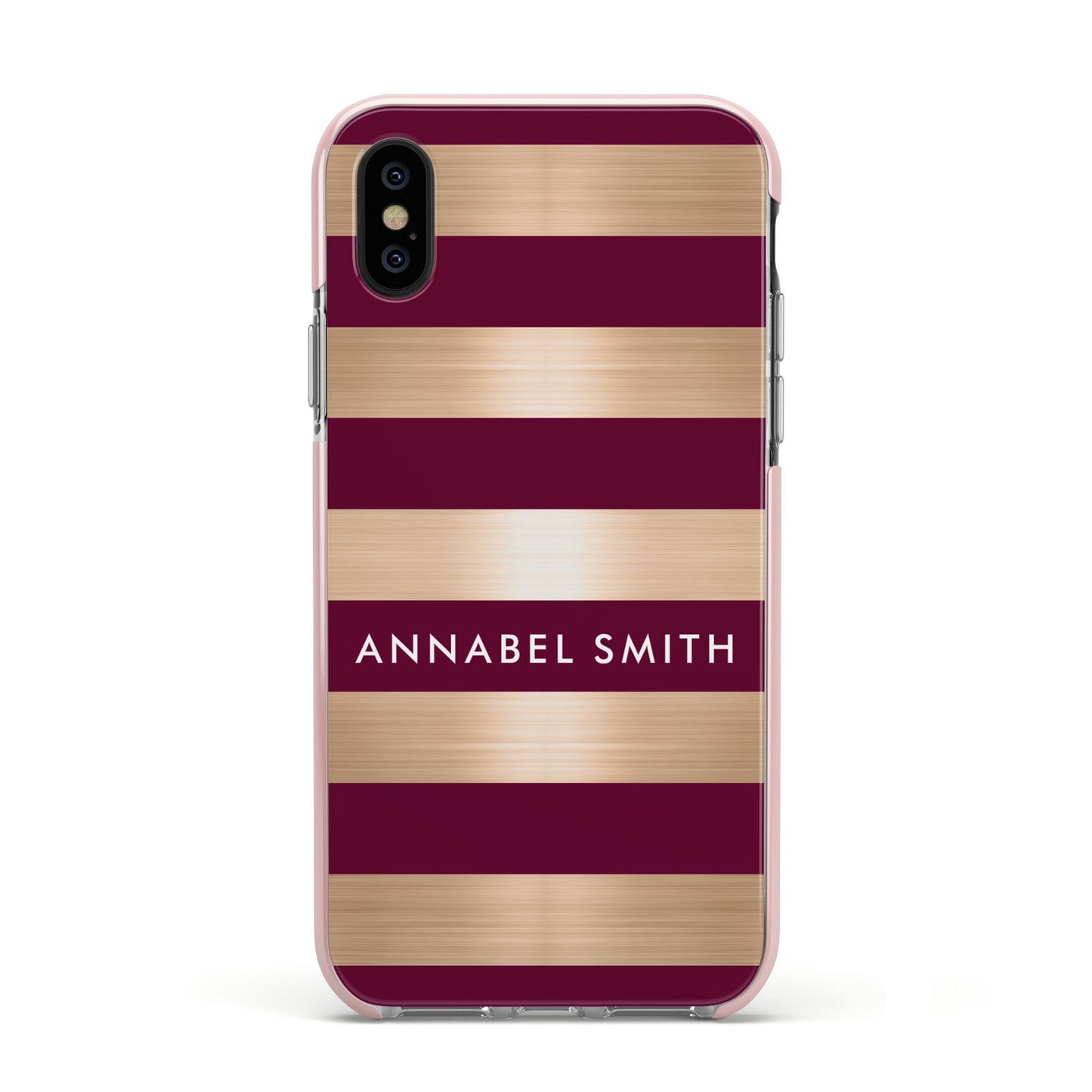 Personalised Burgundy Gold Name Initials Apple iPhone Xs Impact Case Pink Edge on Black Phone