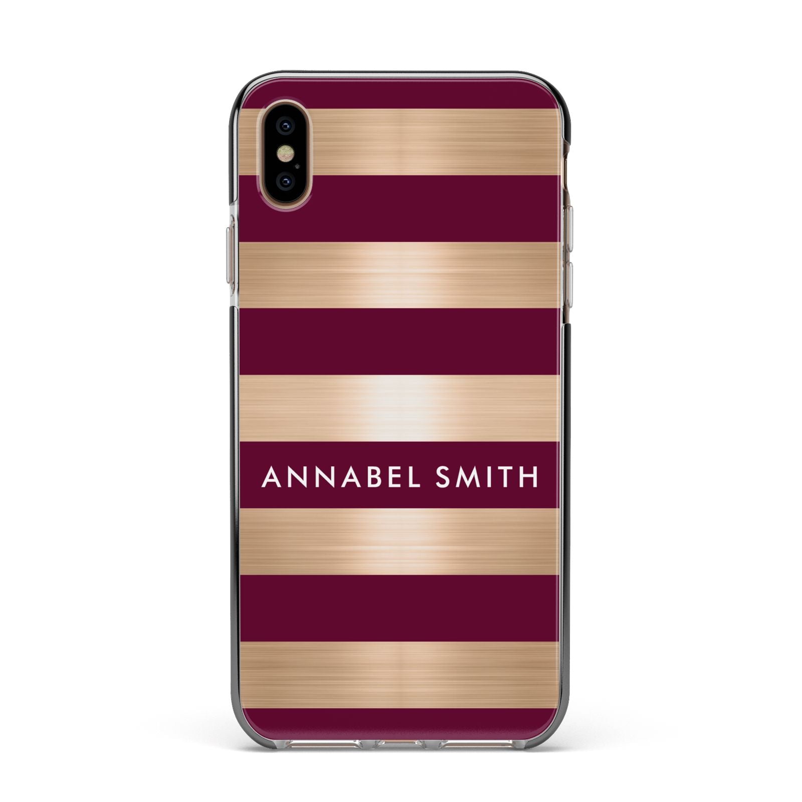 Personalised Burgundy Gold Name Initials Apple iPhone Xs Max Impact Case Black Edge on Gold Phone