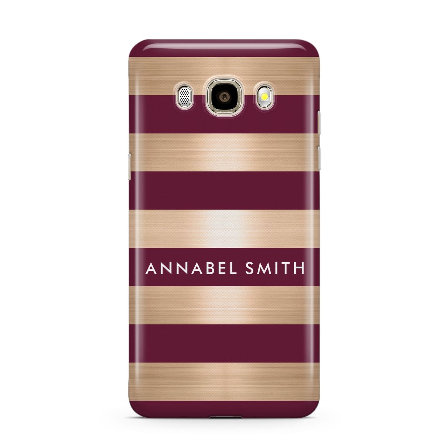 Personalised Burgundy Gold Name Initials Samsung Galaxy J7 2016 Case on gold phone
