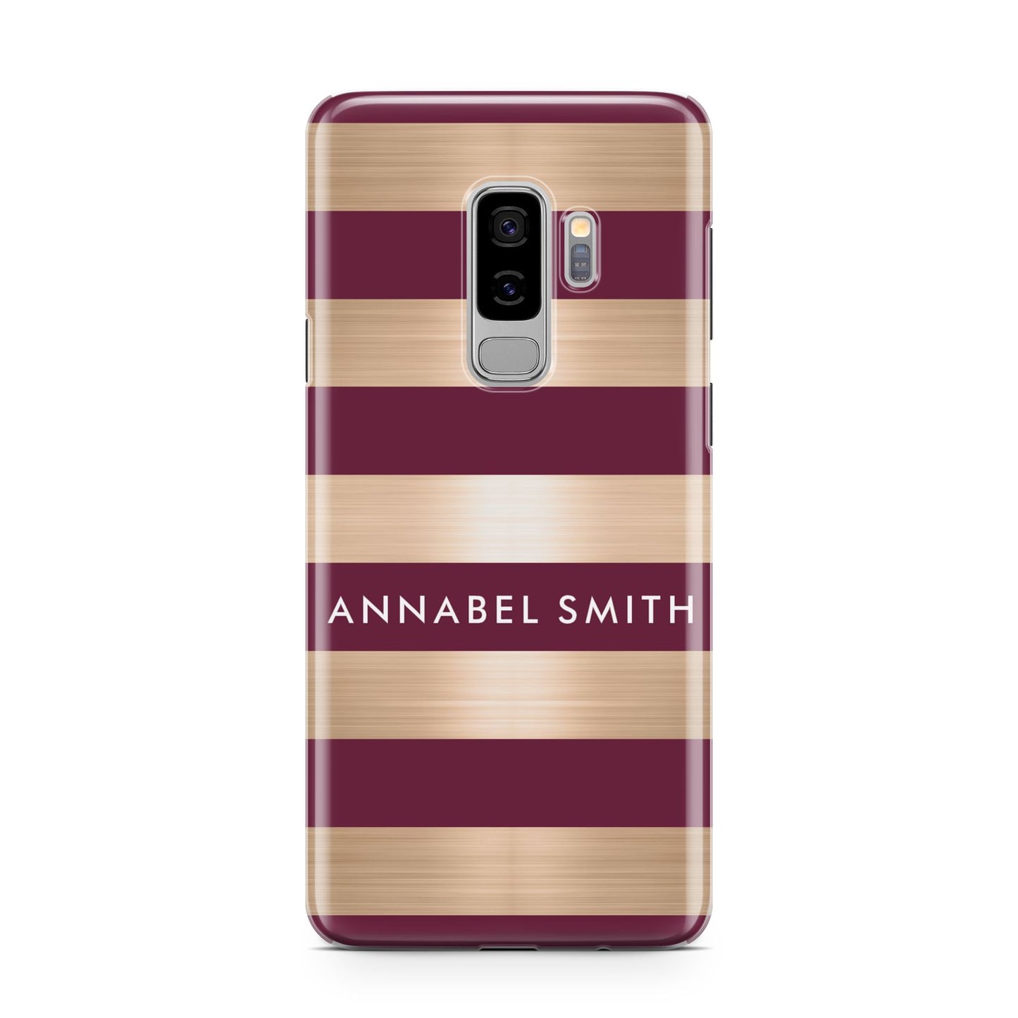 Personalised Burgundy Gold Name Initials Samsung Galaxy S9 Plus Case on Silver phone