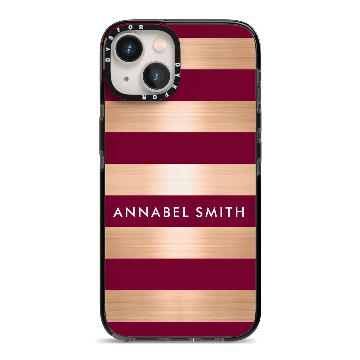 Personalised Burgundy Gold Name Initials iPhone 13 Black Impact Case on Silver phone