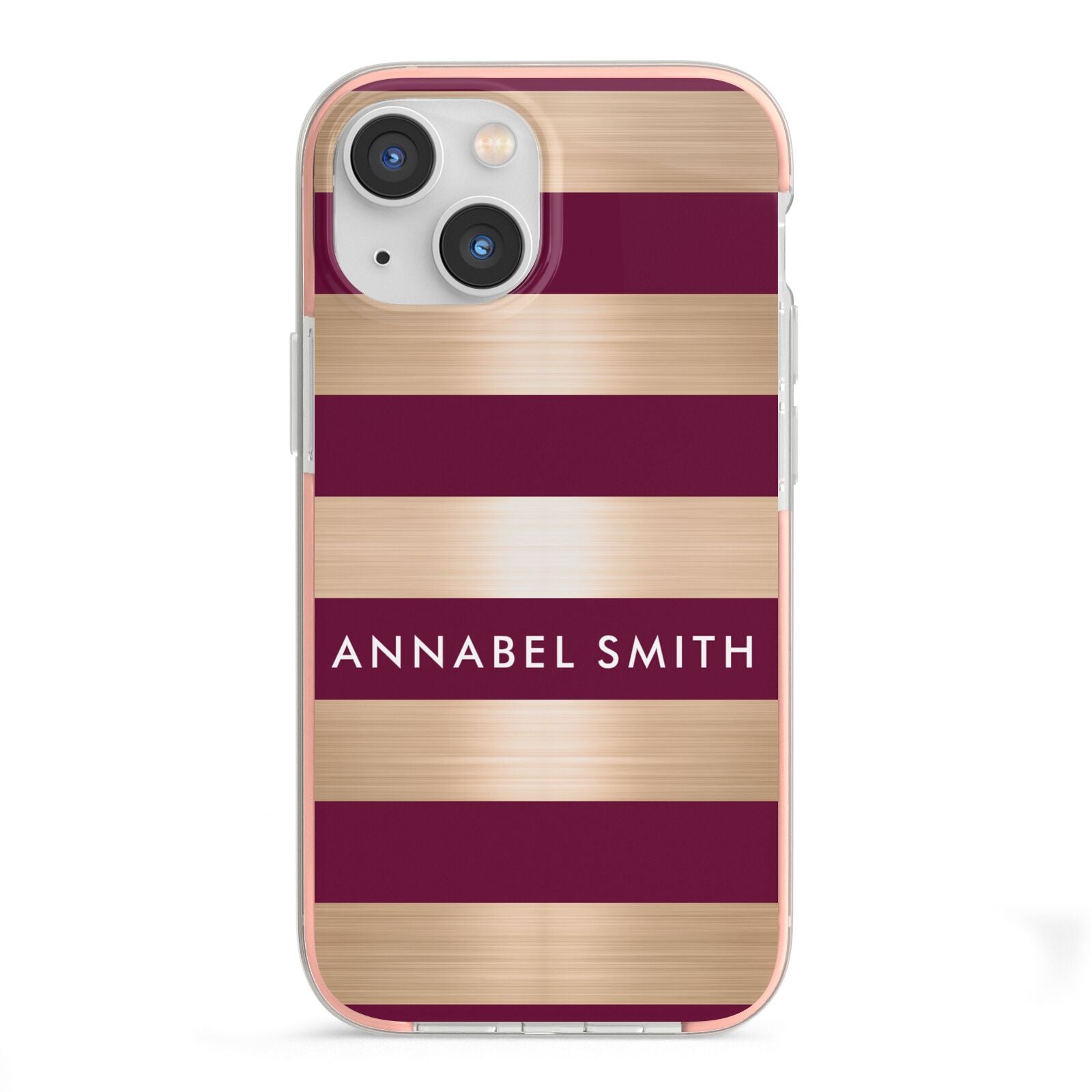 Personalised Burgundy Gold Name Initials iPhone 13 Mini TPU Impact Case with Pink Edges