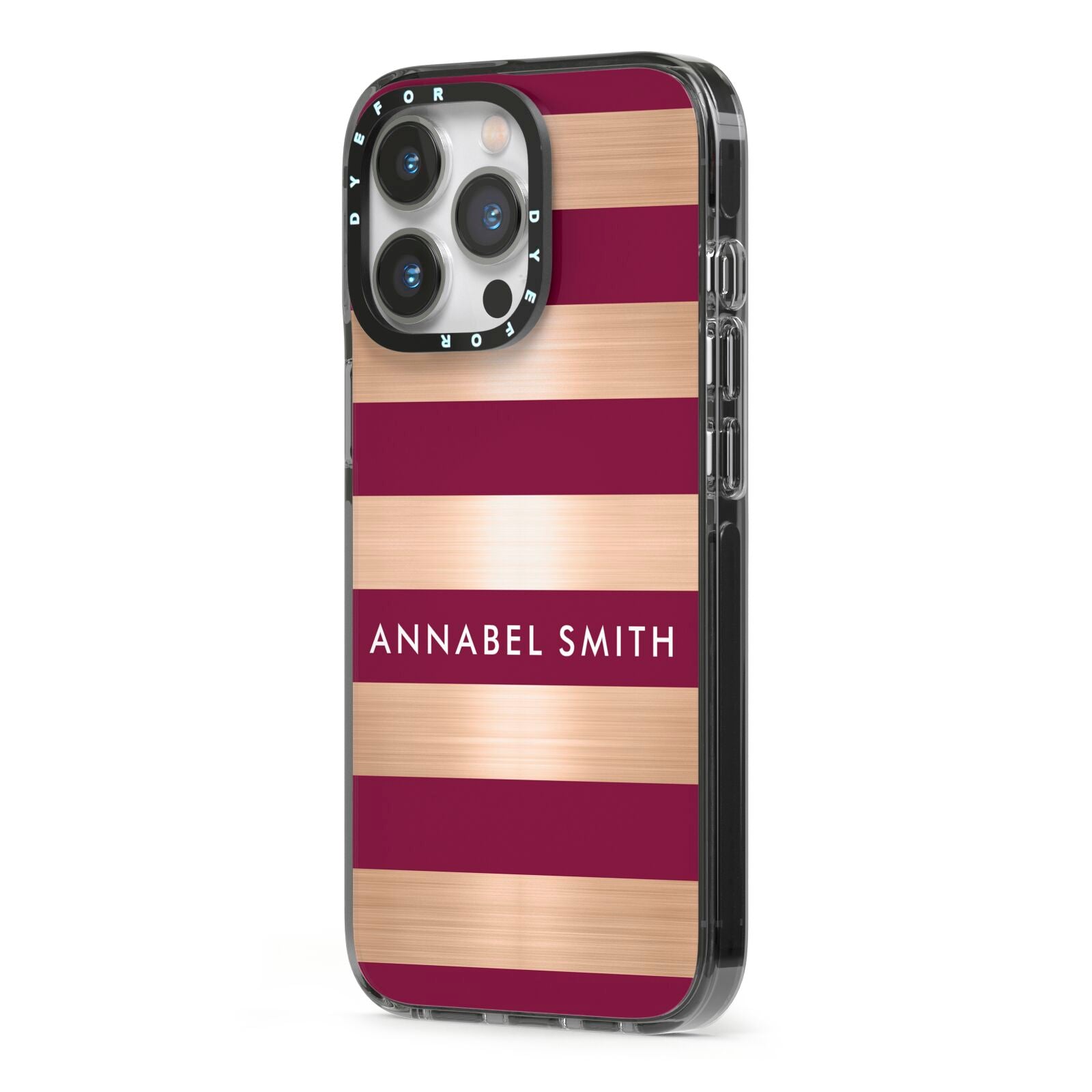Personalised Burgundy Gold Name Initials iPhone 13 Pro Black Impact Case Side Angle on Silver phone