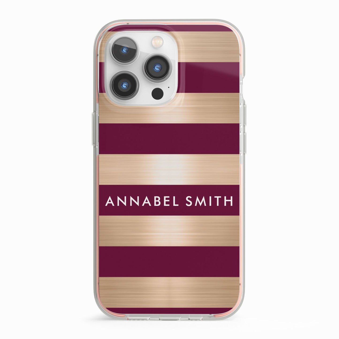 Personalised Burgundy Gold Name Initials iPhone 13 Pro TPU Impact Case with Pink Edges