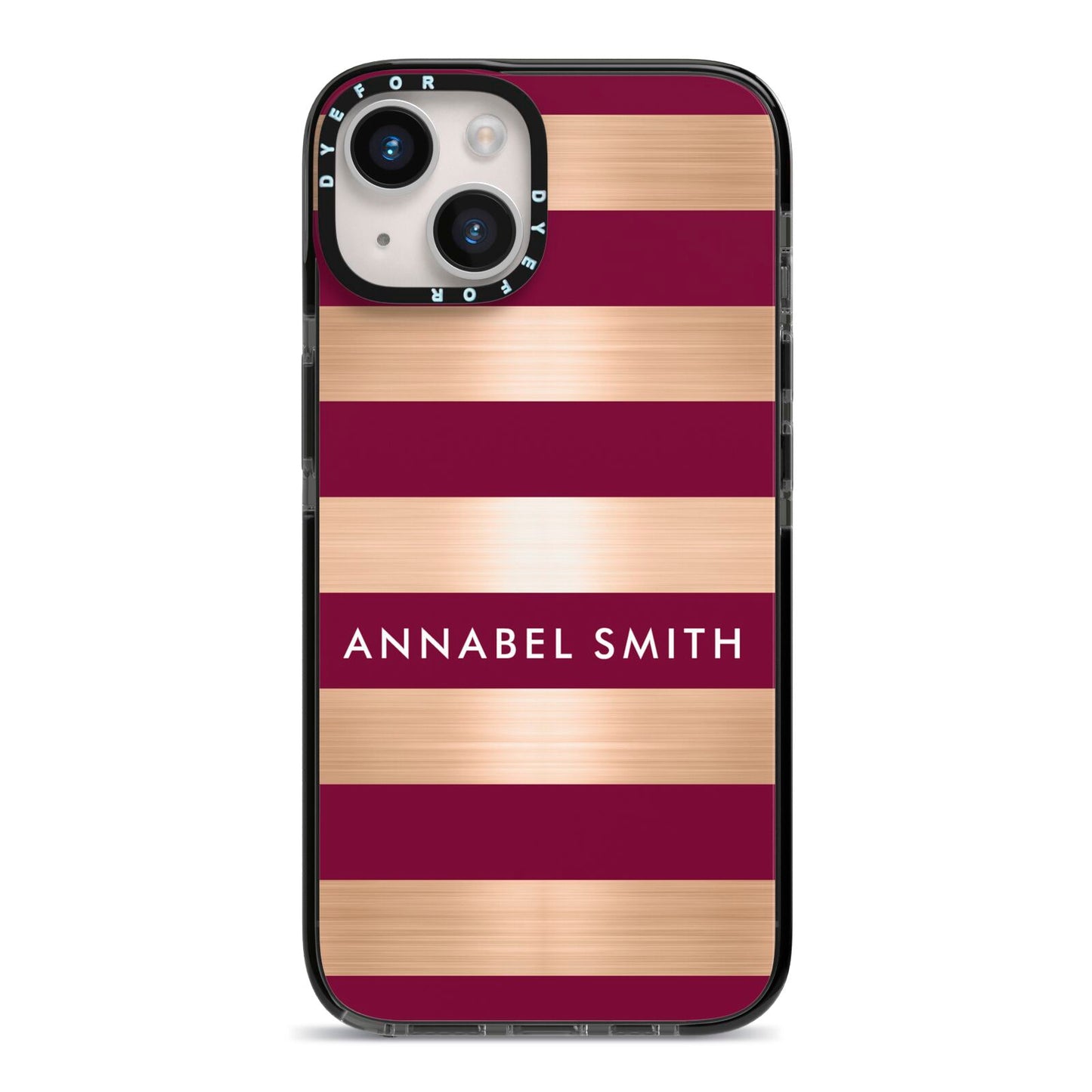 Personalised Burgundy Gold Name Initials iPhone 14 Black Impact Case on Silver phone