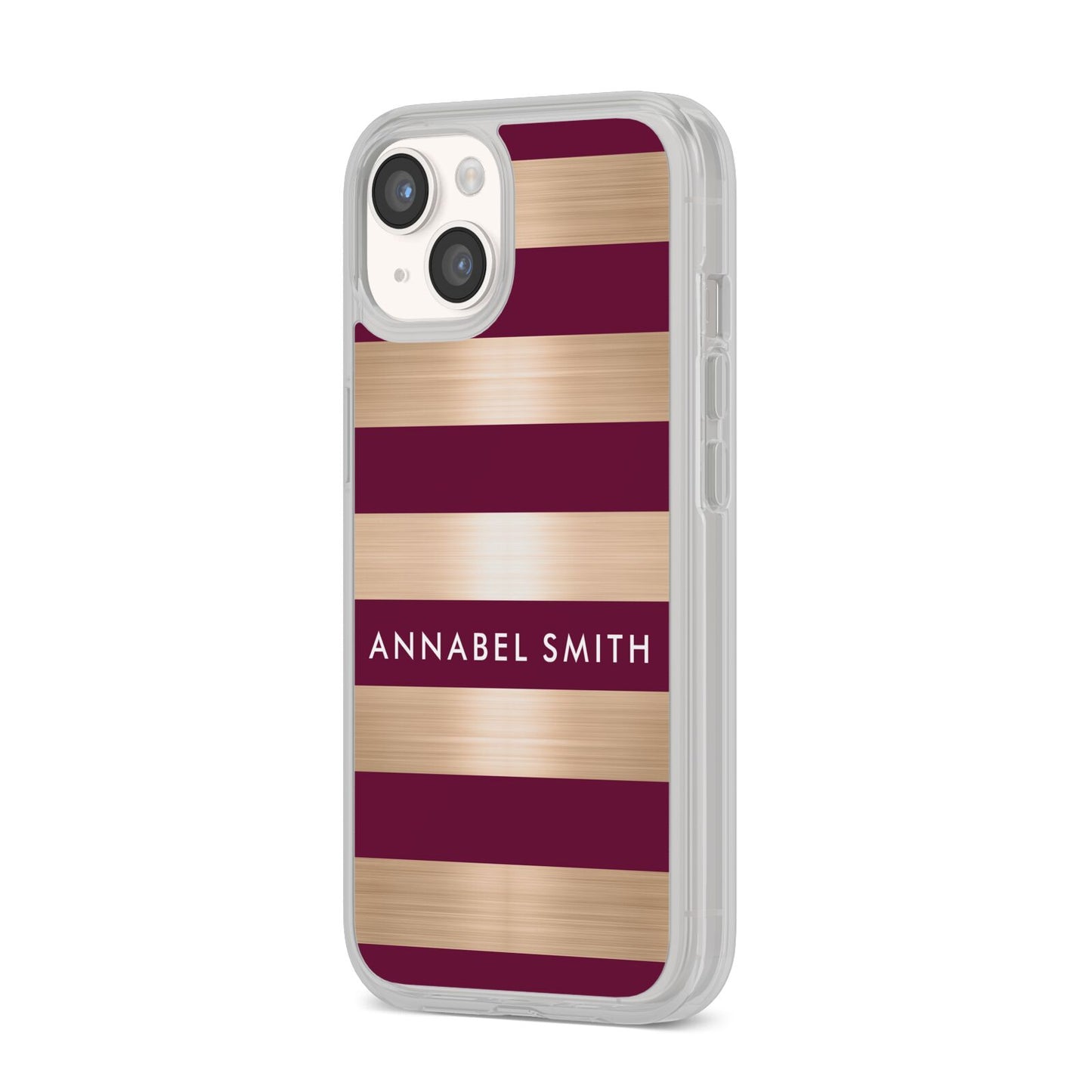 Personalised Burgundy Gold Name Initials iPhone 14 Clear Tough Case Starlight Angled Image