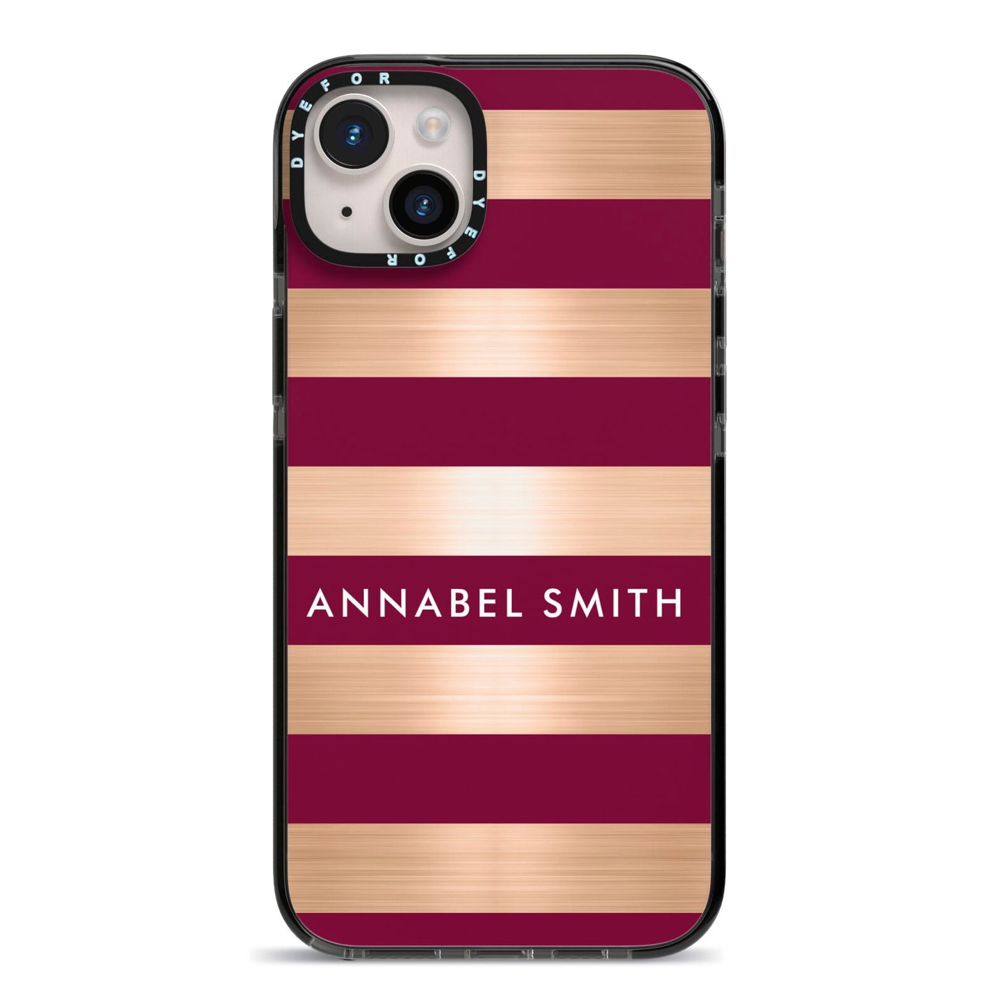 Personalised Burgundy Gold Name Initials iPhone 14 Plus Black Impact Case on Silver phone