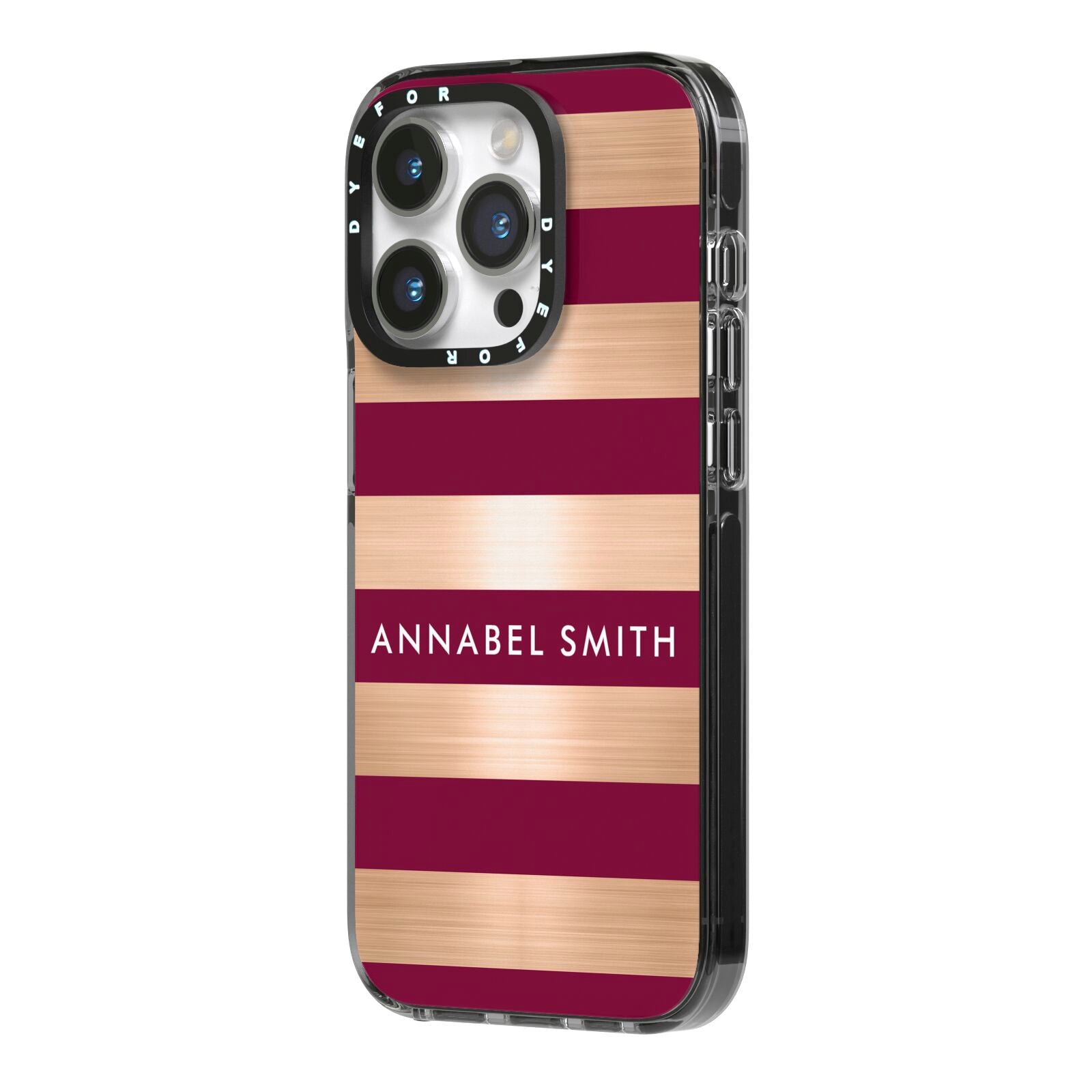 Personalised Burgundy Gold Name Initials iPhone 14 Pro Black Impact Case Side Angle on Silver phone