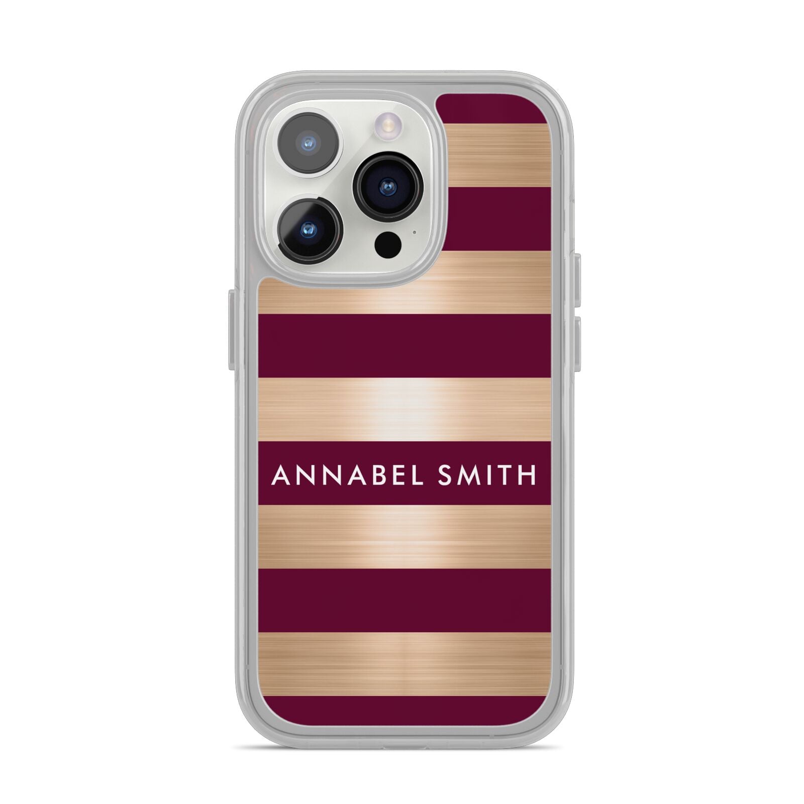 Personalised Burgundy Gold Name Initials iPhone 14 Pro Clear Tough Case Silver