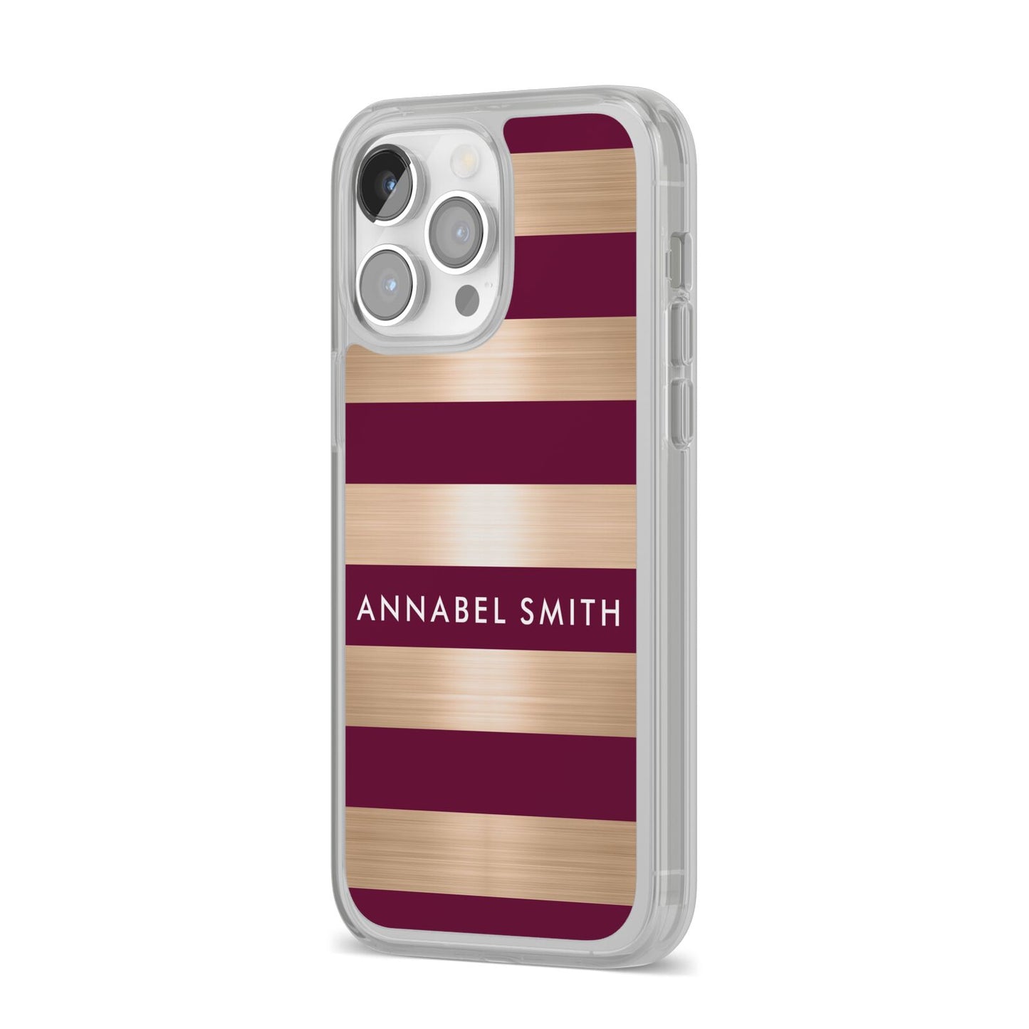 Personalised Burgundy Gold Name Initials iPhone 14 Pro Max Clear Tough Case Silver Angled Image
