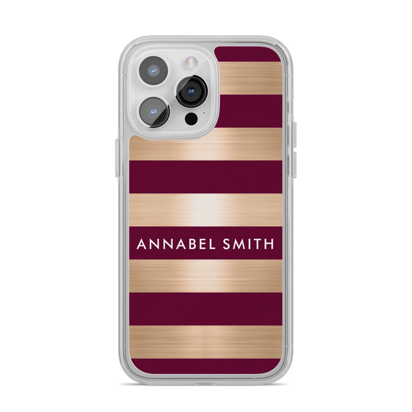 Personalised Burgundy Gold Name Initials iPhone 14 Pro Max Clear Tough Case Silver