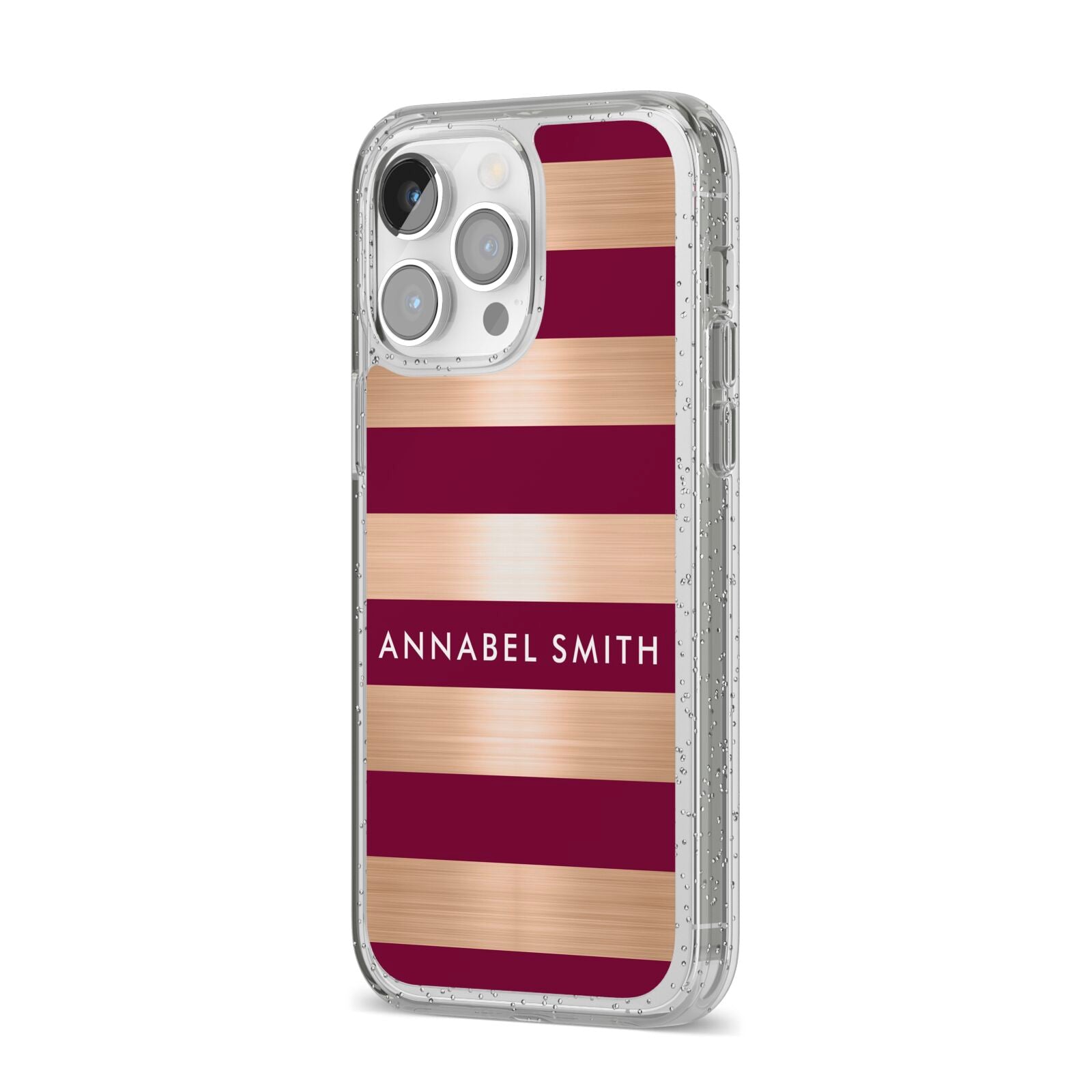 Personalised Burgundy Gold Name Initials iPhone 14 Pro Max Glitter Tough Case Silver Angled Image