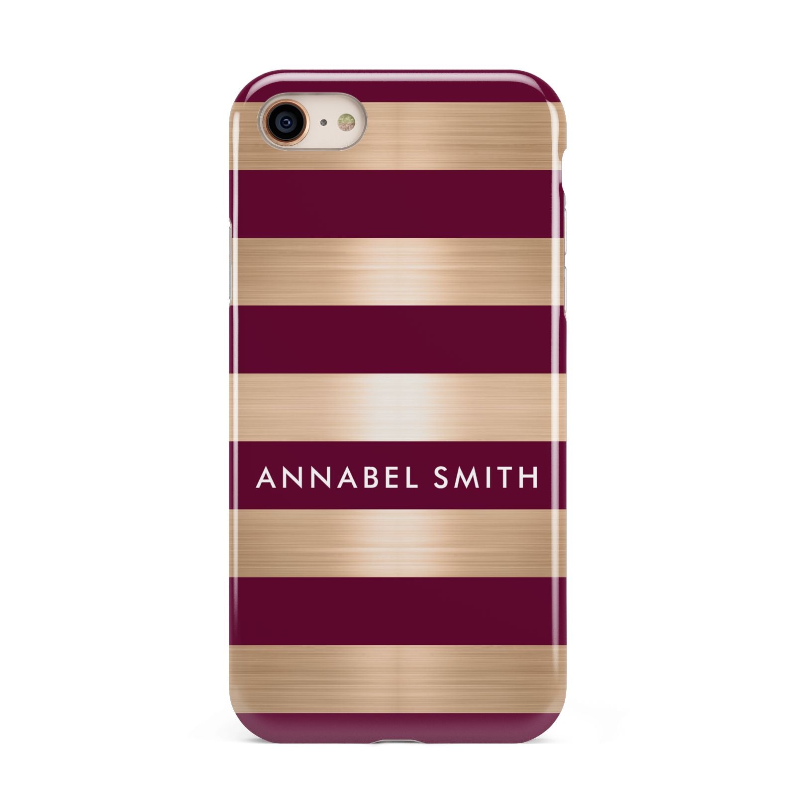 Personalised Burgundy Gold Name Initials iPhone 8 3D Tough Case on Gold Phone