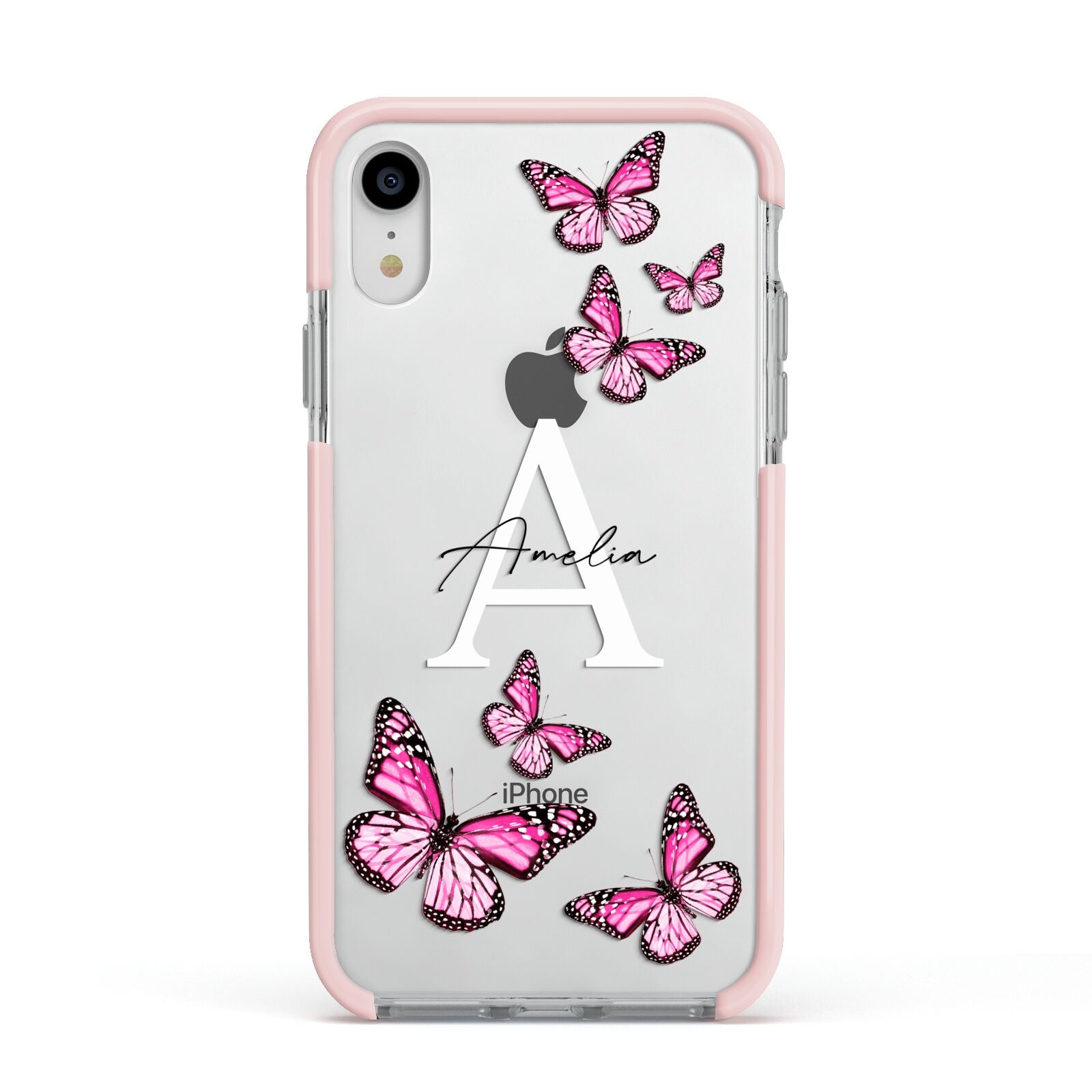 Personalised Butterfly Apple iPhone XR Impact Case Pink Edge on Silver Phone
