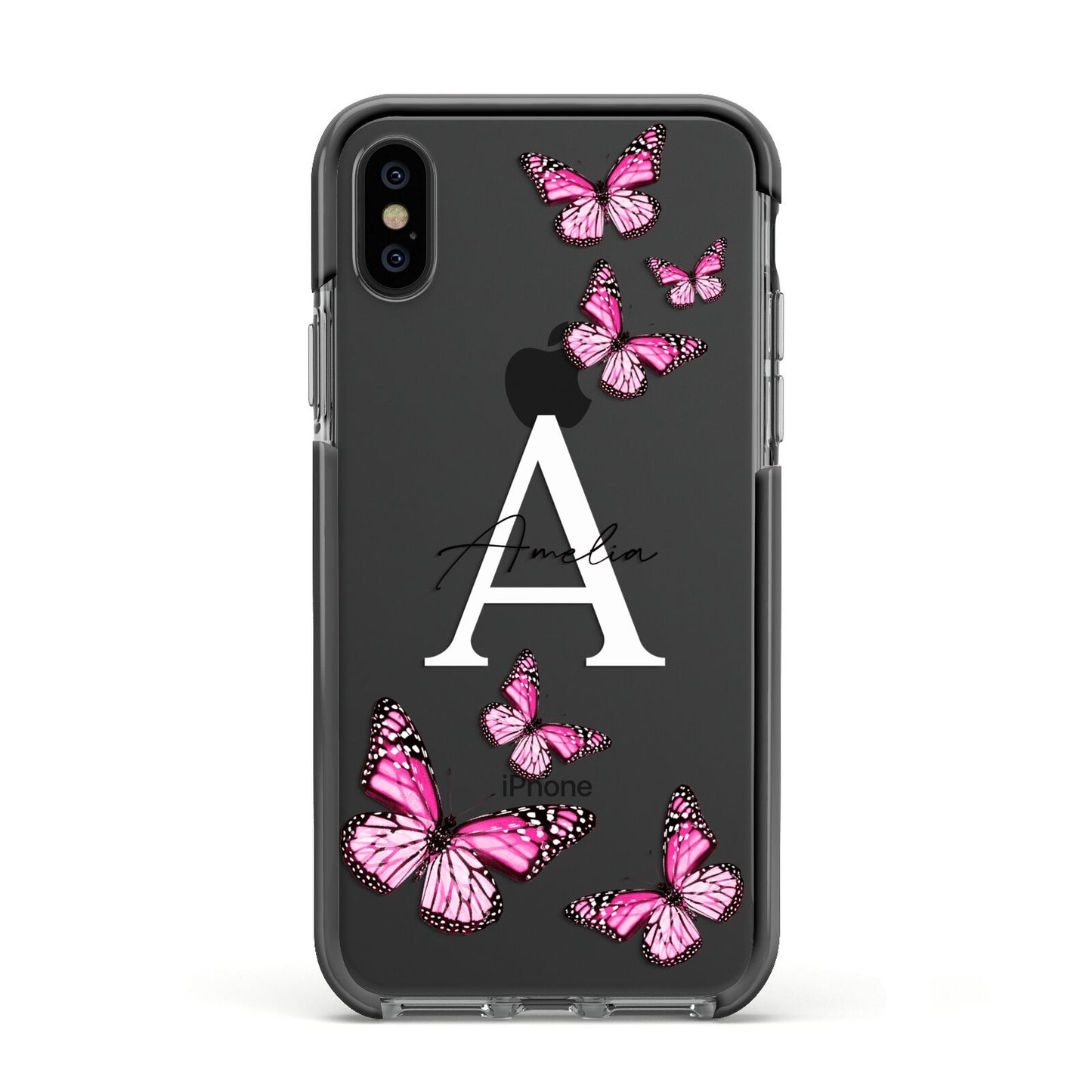 Personalised Butterfly Apple iPhone Xs Impact Case Black Edge on Black Phone