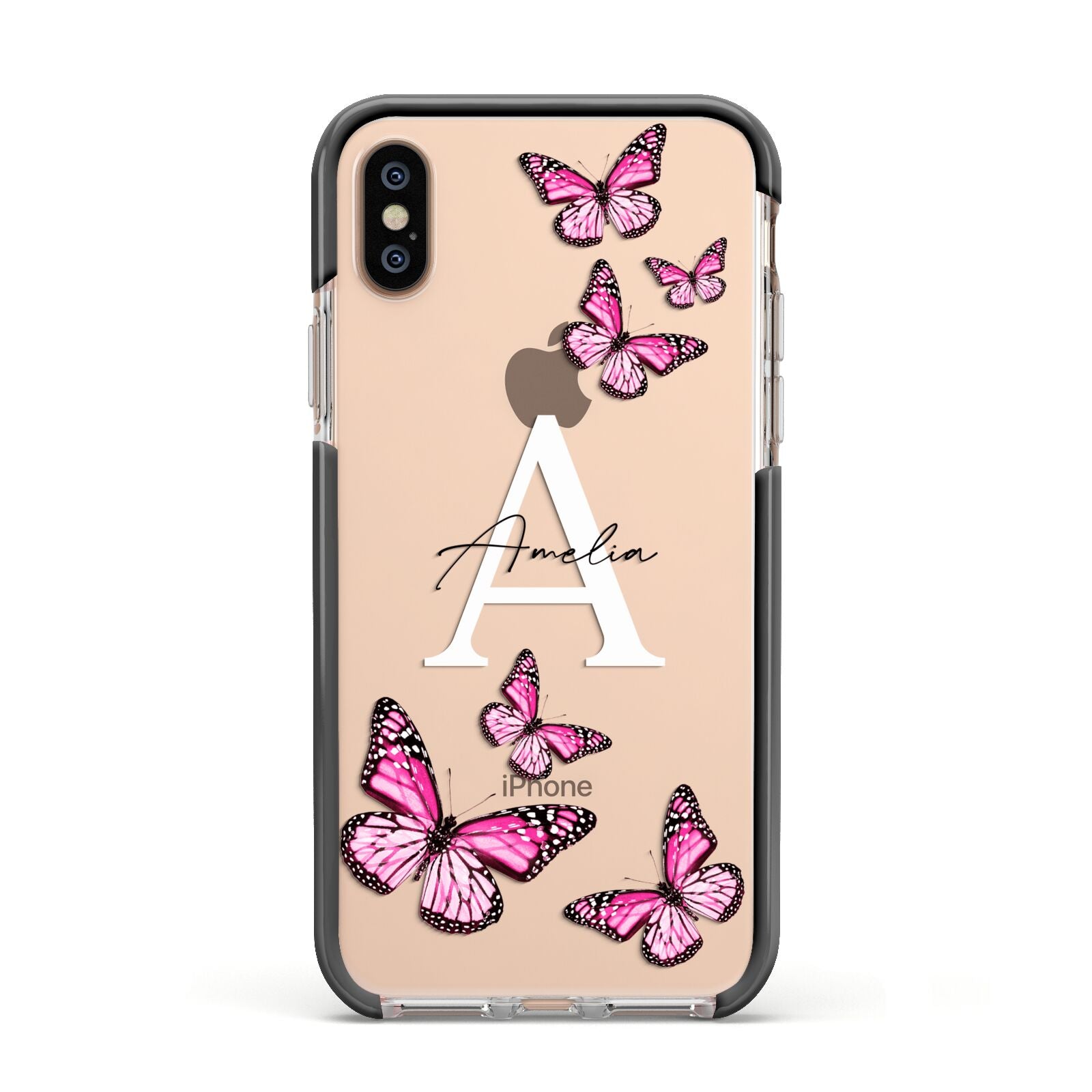 Personalised Butterfly Apple iPhone Xs Impact Case Black Edge on Gold Phone