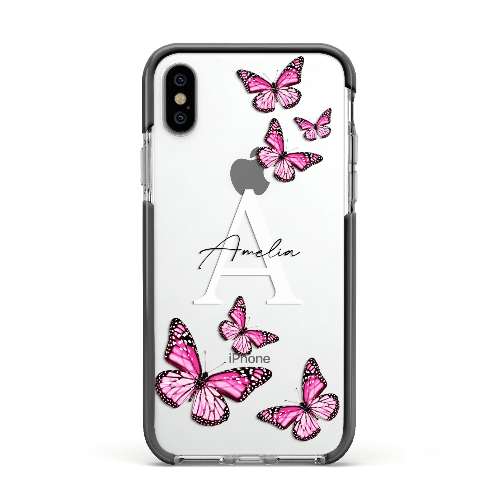 Personalised Butterfly Apple iPhone Xs Impact Case Black Edge on Silver Phone