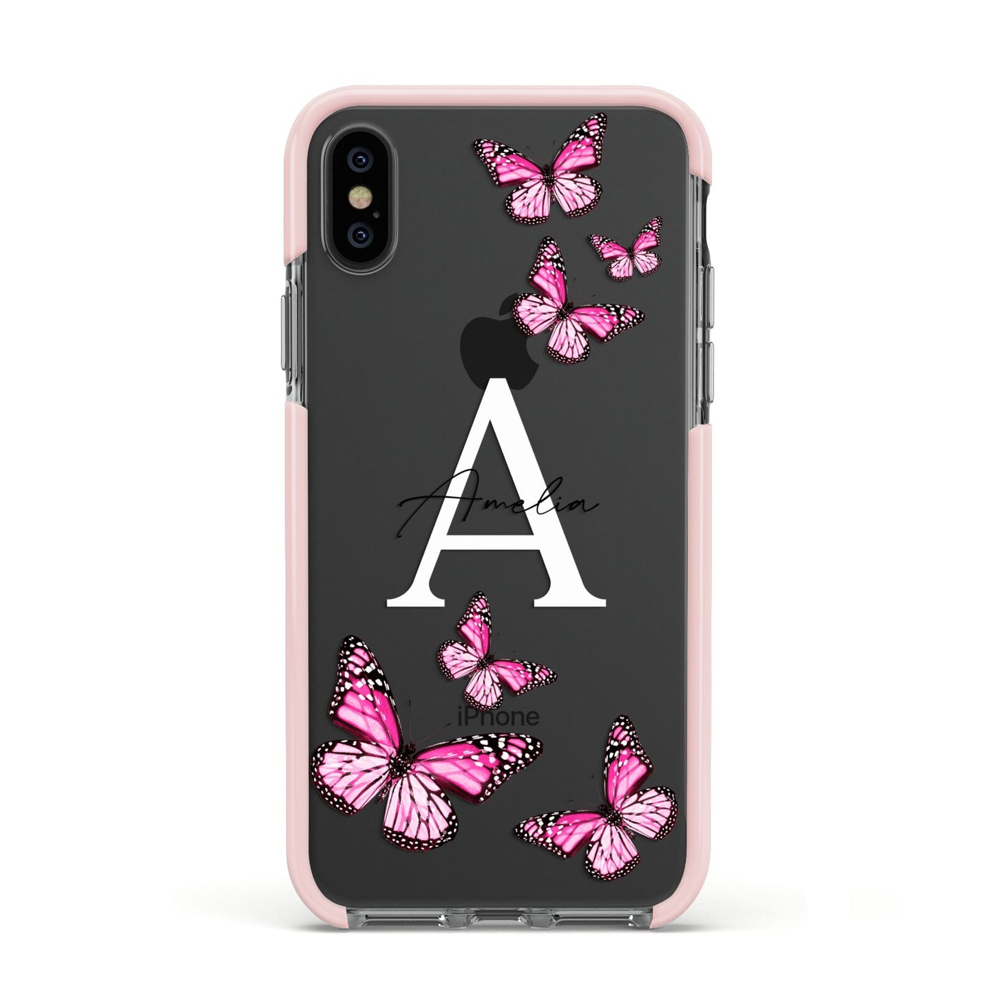 Personalised Butterfly Apple iPhone Xs Impact Case Pink Edge on Black Phone