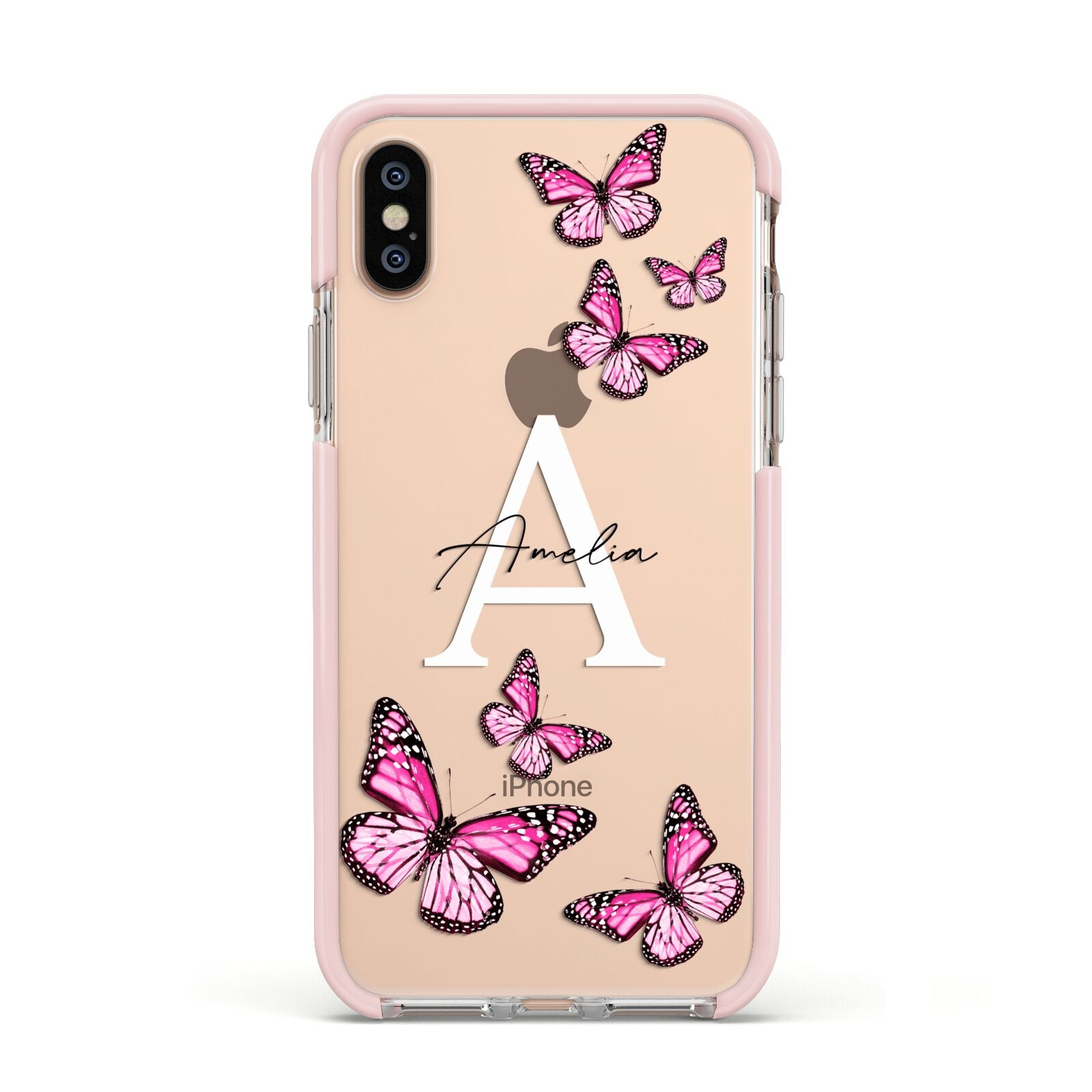 Personalised Butterfly Apple iPhone Xs Impact Case Pink Edge on Gold Phone