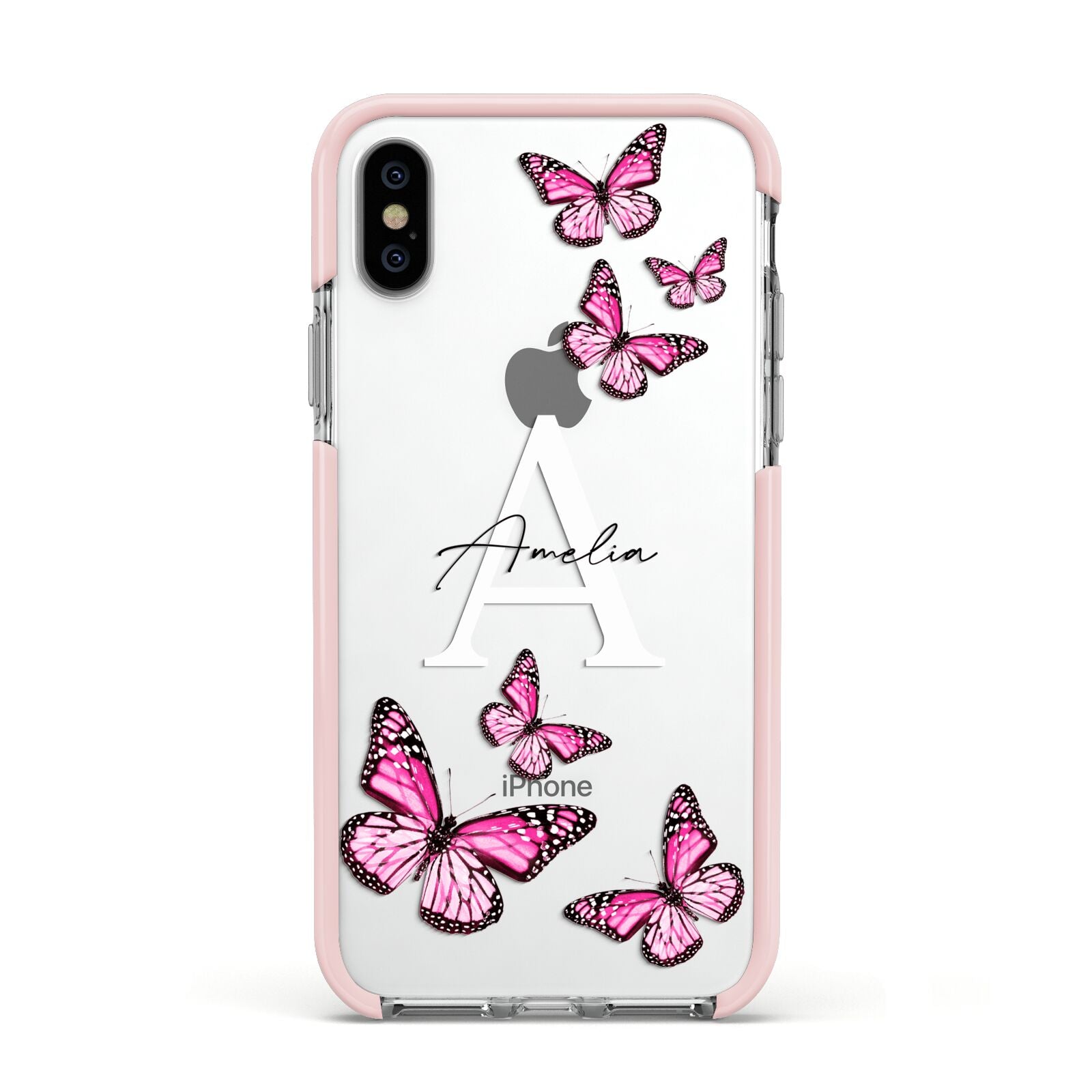 Personalised Butterfly Apple iPhone Xs Impact Case Pink Edge on Silver Phone