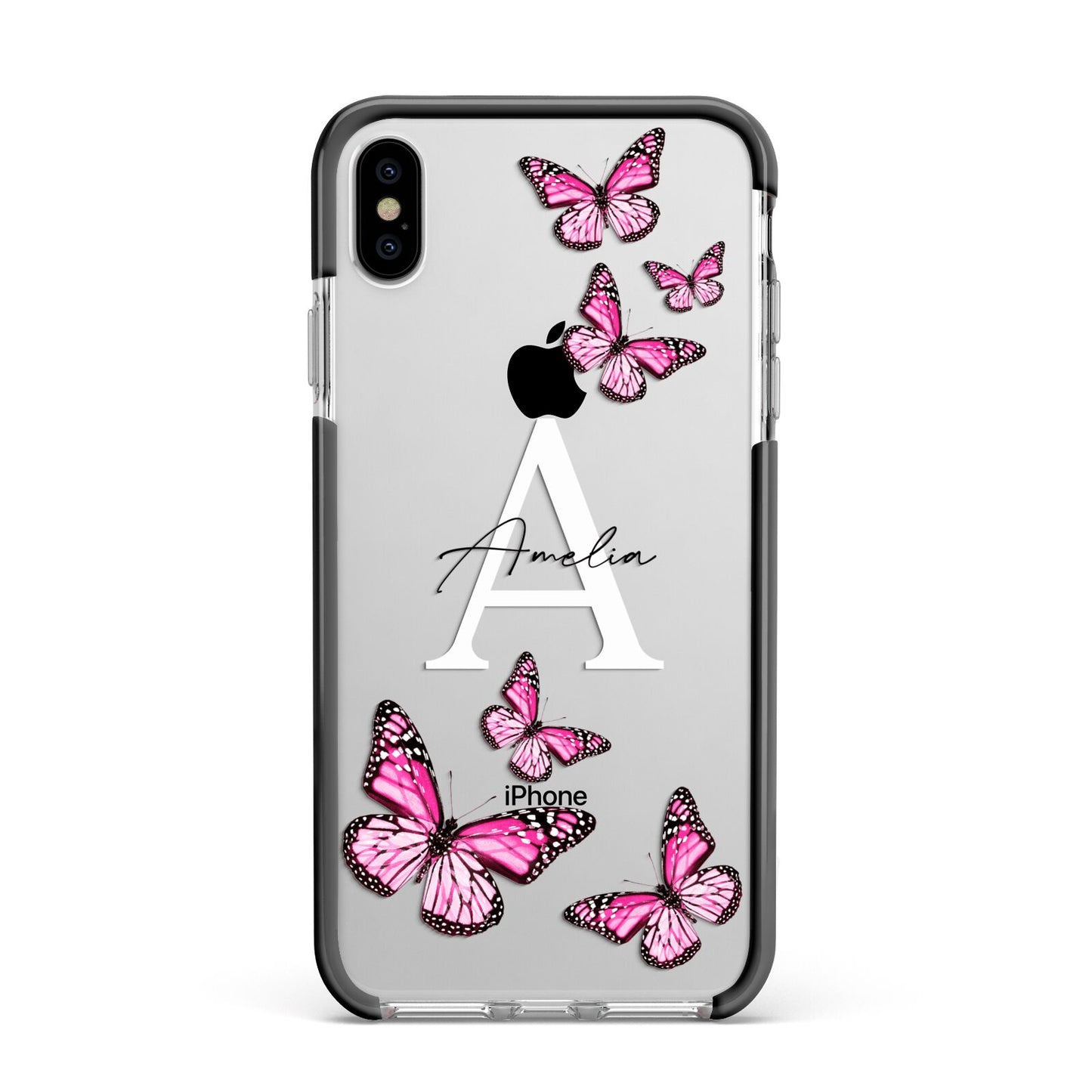 Personalised Butterfly Apple iPhone Xs Max Impact Case Black Edge on Silver Phone