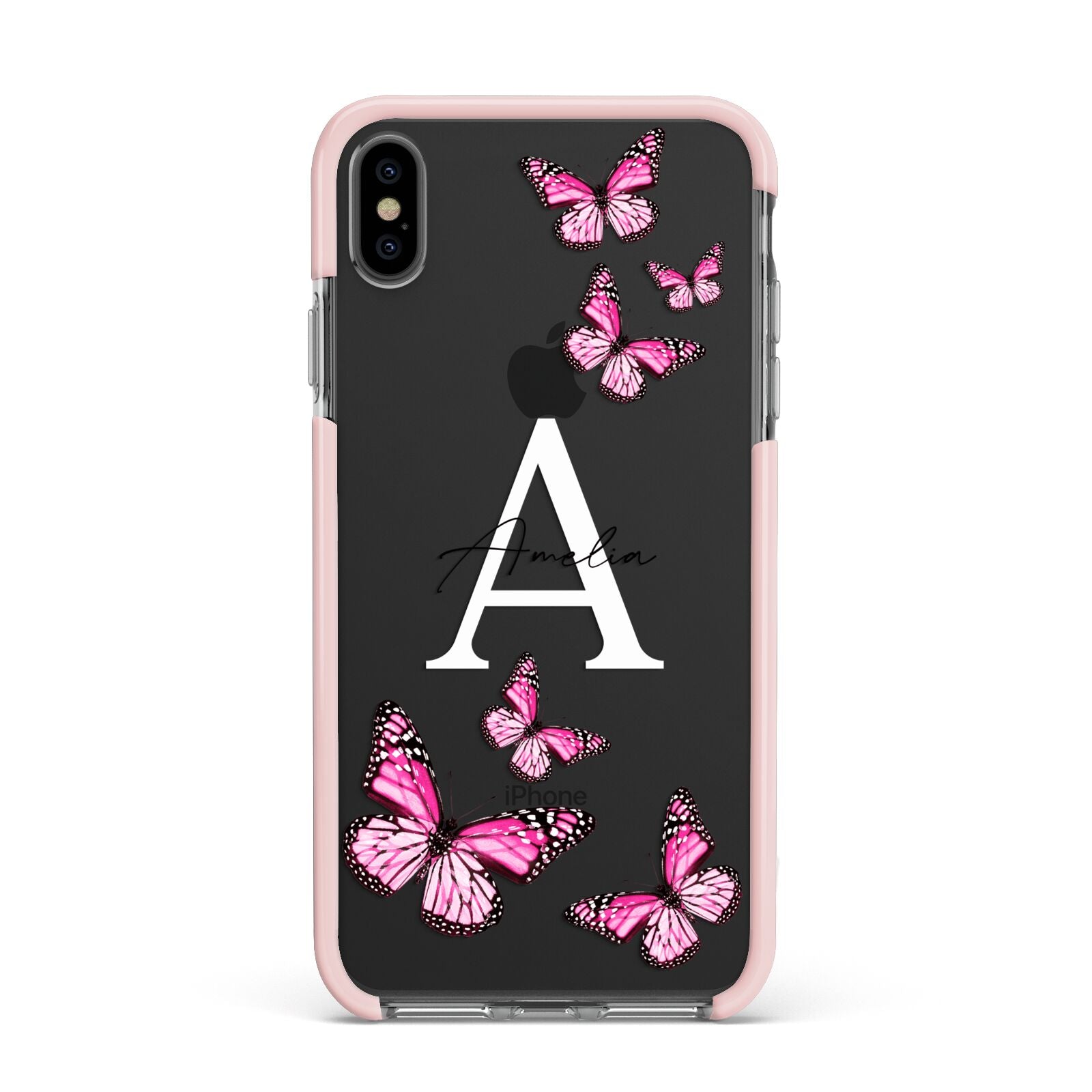 Personalised Butterfly Apple iPhone Xs Max Impact Case Pink Edge on Black Phone