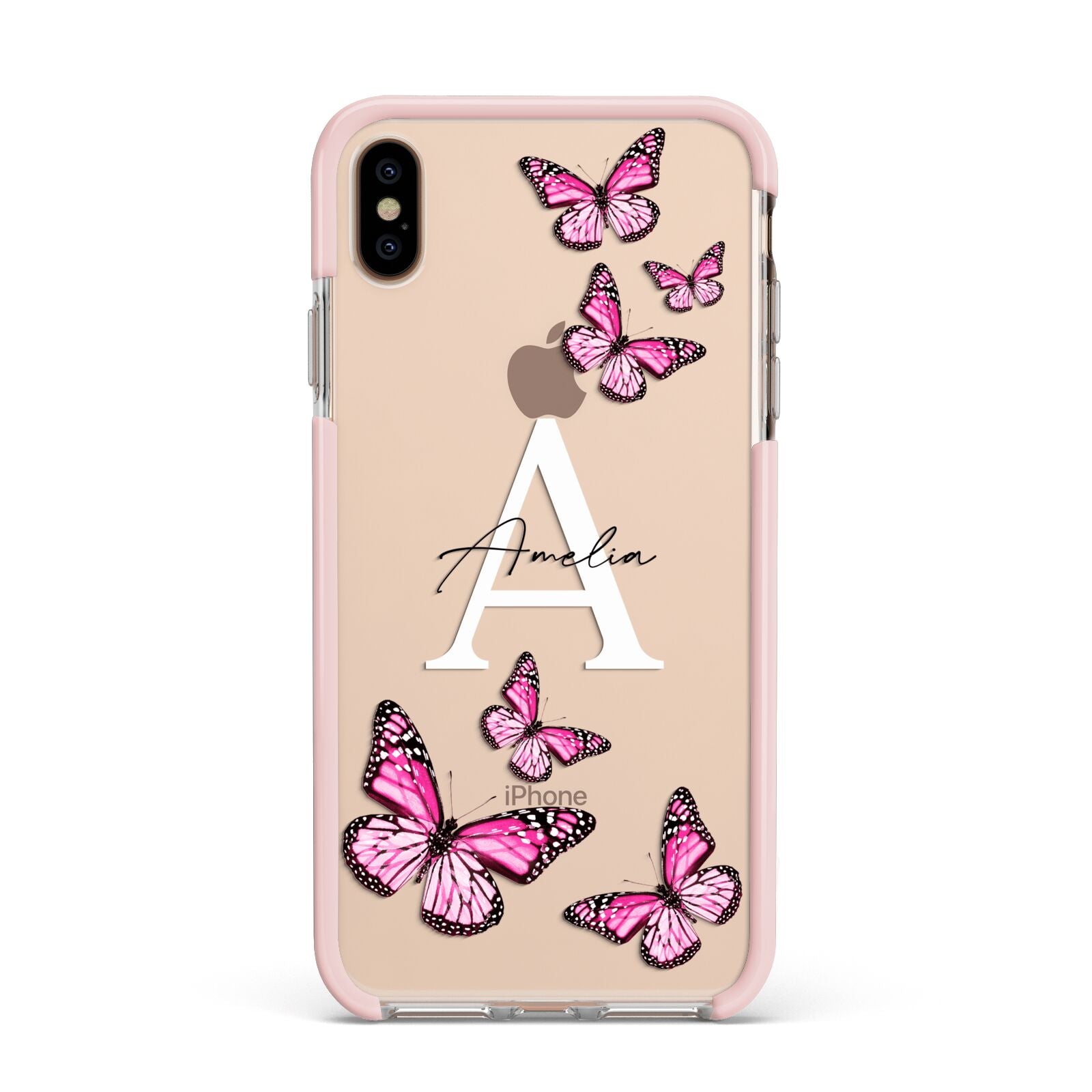 Personalised Butterfly Apple iPhone Xs Max Impact Case Pink Edge on Gold Phone
