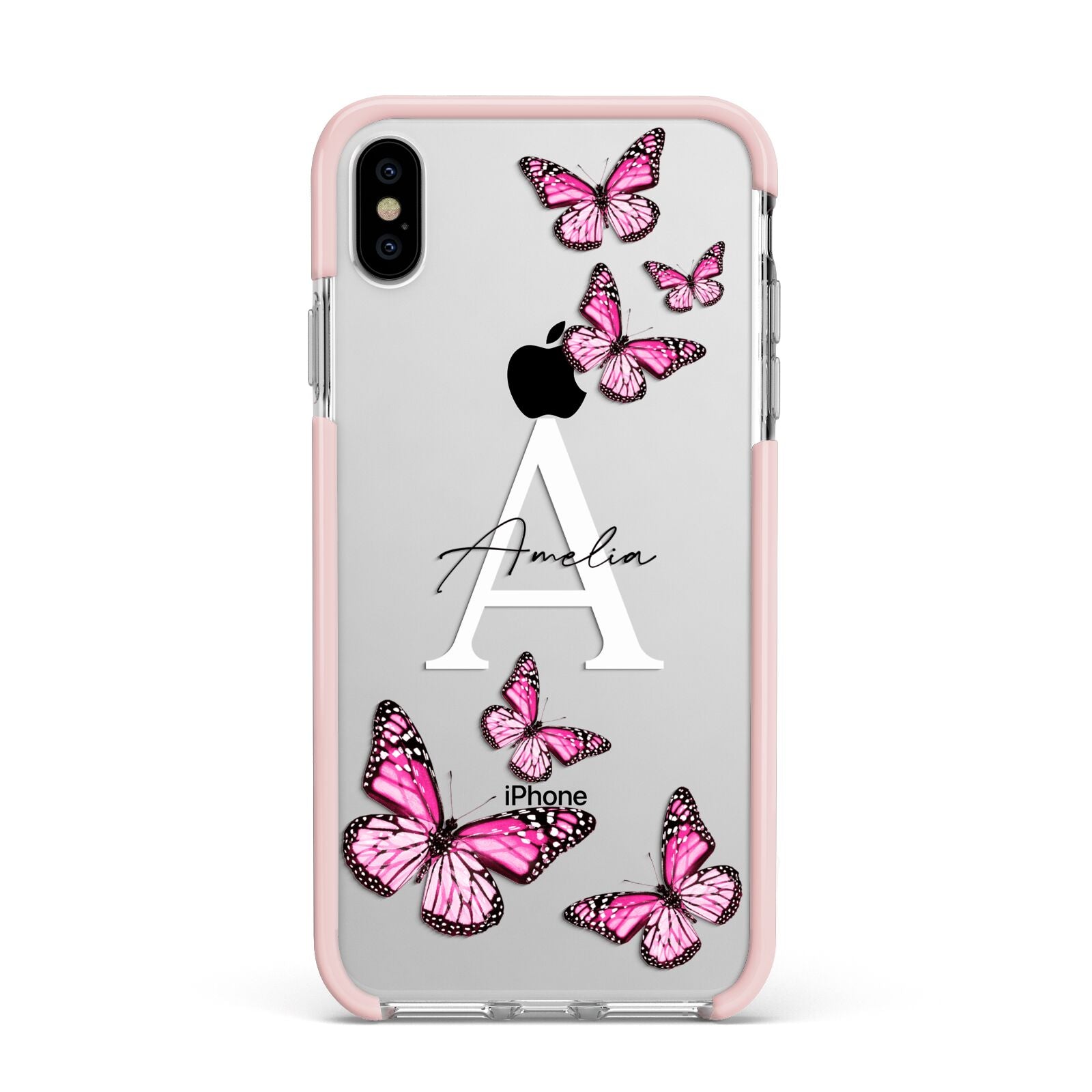 Personalised Butterfly Apple iPhone Xs Max Impact Case Pink Edge on Silver Phone