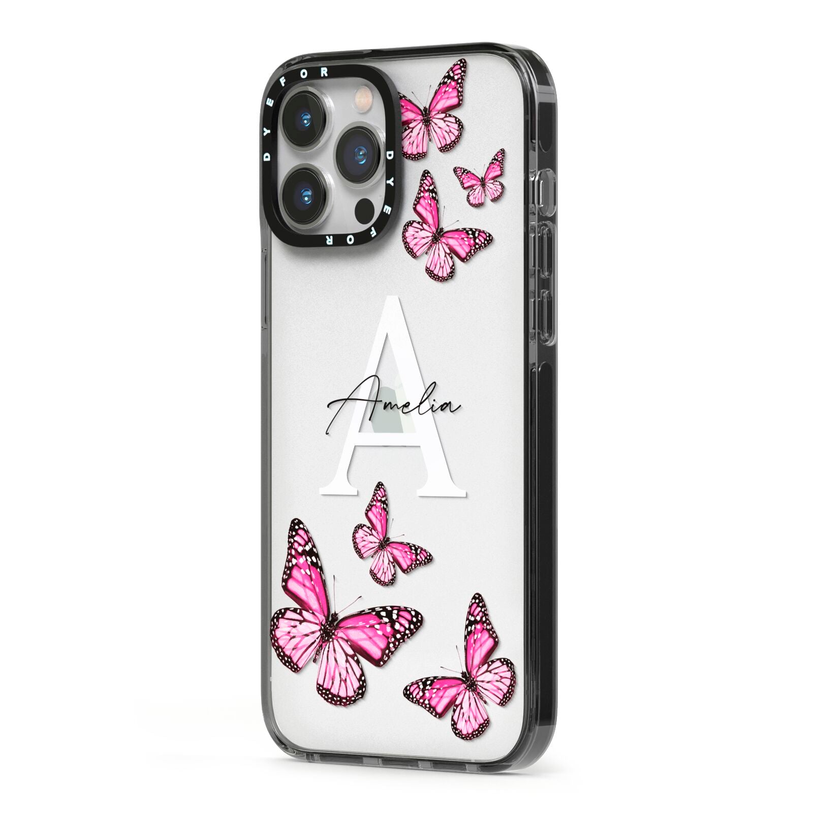 Personalised Butterfly iPhone 13 Pro Max Black Impact Case Side Angle on Silver phone