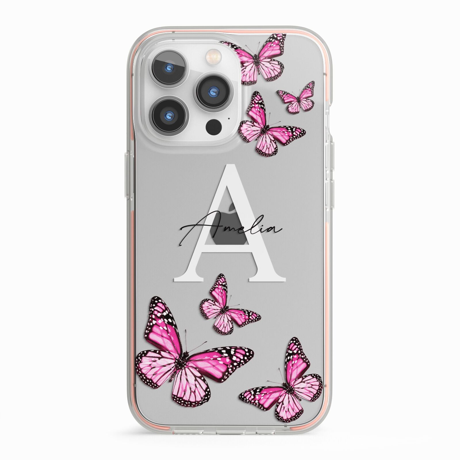 Personalised Butterfly iPhone 13 Pro TPU Impact Case with Pink Edges