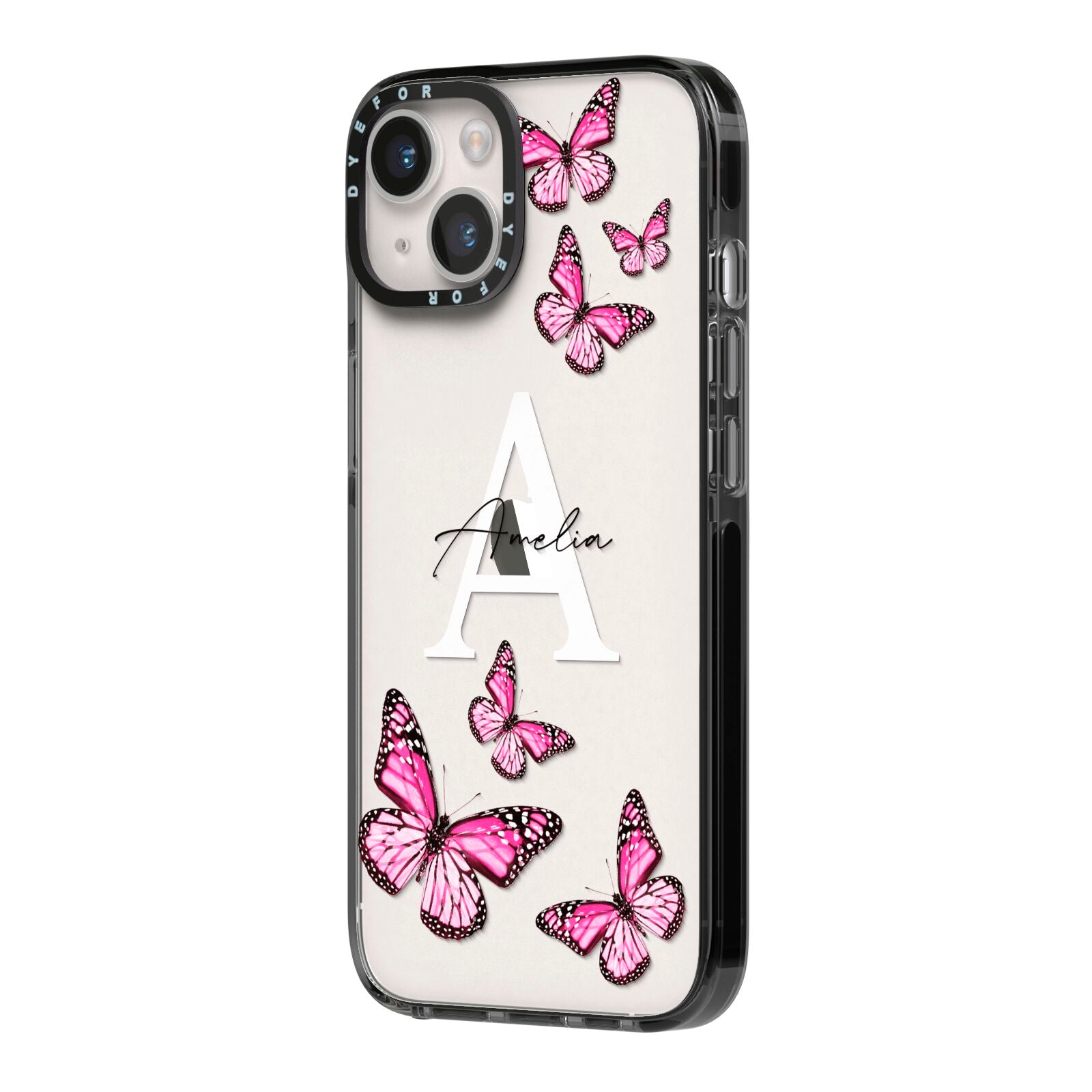 Personalised Butterfly iPhone 14 Black Impact Case Side Angle on Silver phone