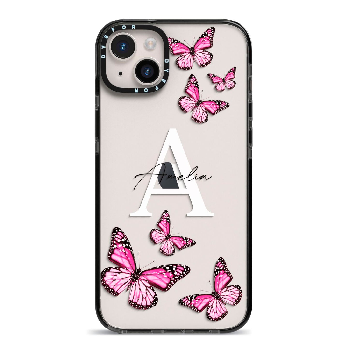 Personalised Butterfly iPhone 14 Plus Black Impact Case on Silver phone