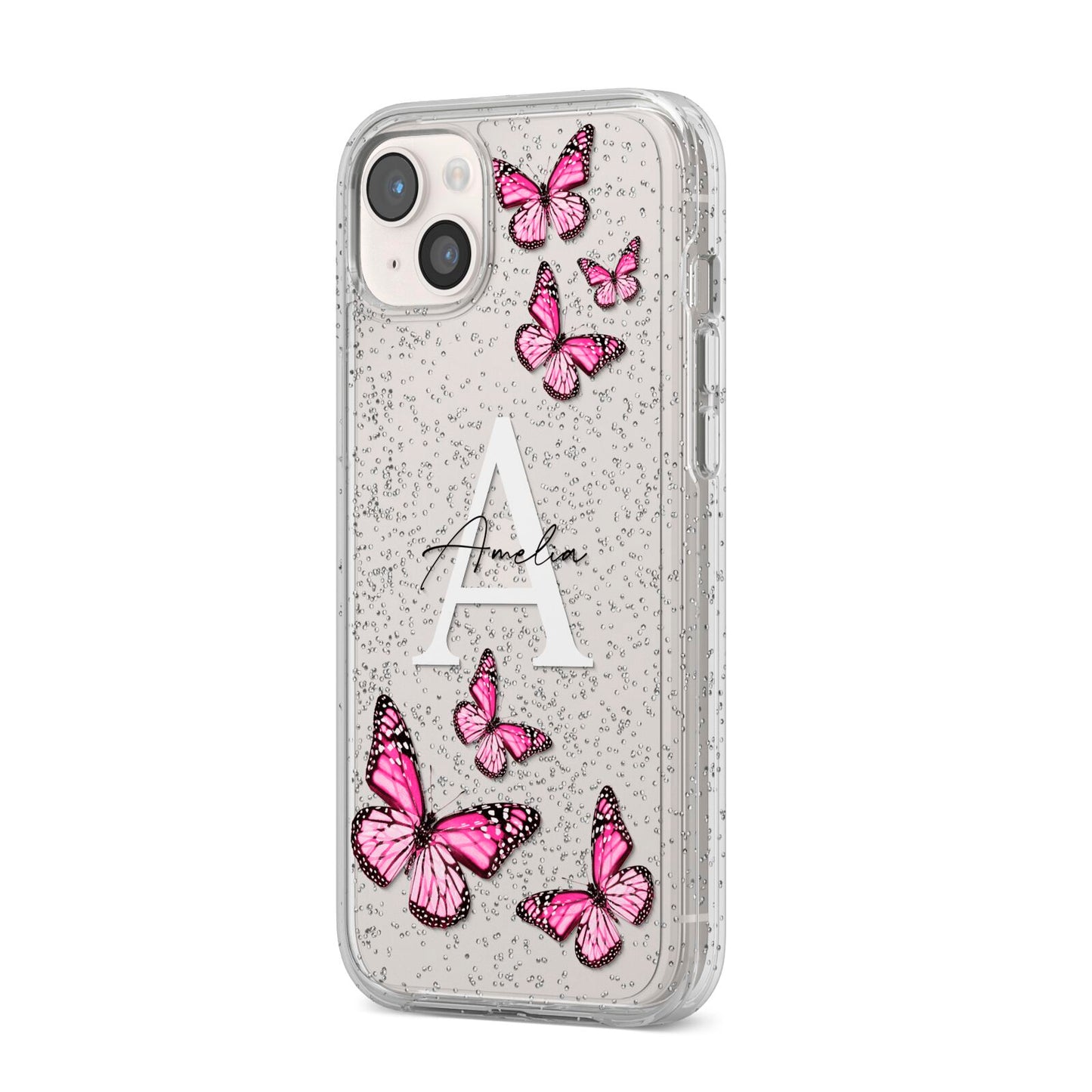 Personalised Butterfly iPhone 14 Plus Glitter Tough Case Starlight Angled Image