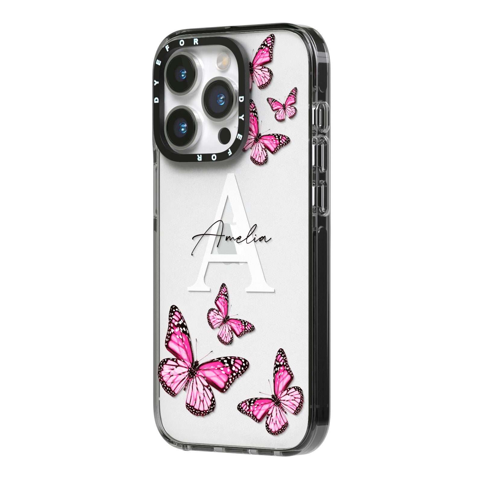 Personalised Butterfly iPhone 14 Pro Black Impact Case Side Angle on Silver phone