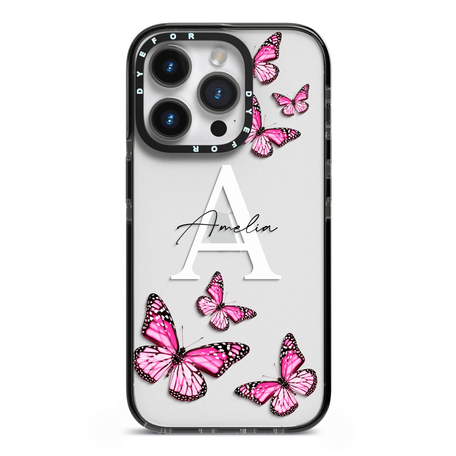 Personalised Butterfly iPhone 14 Pro Black Impact Case on Silver phone