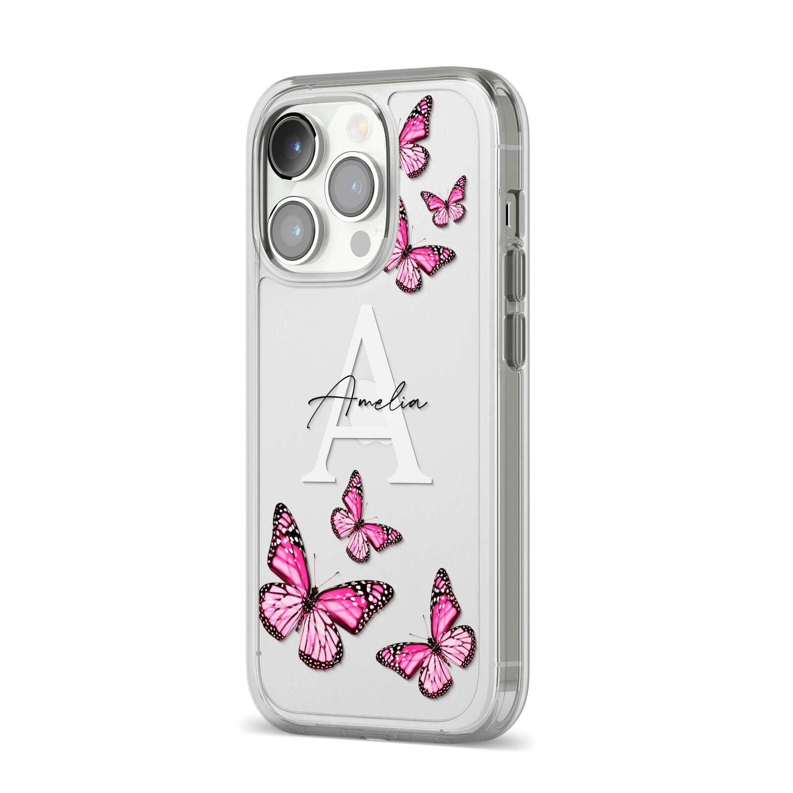 Personalised Butterfly iPhone 14 Pro Clear Tough Case Silver Angled Image