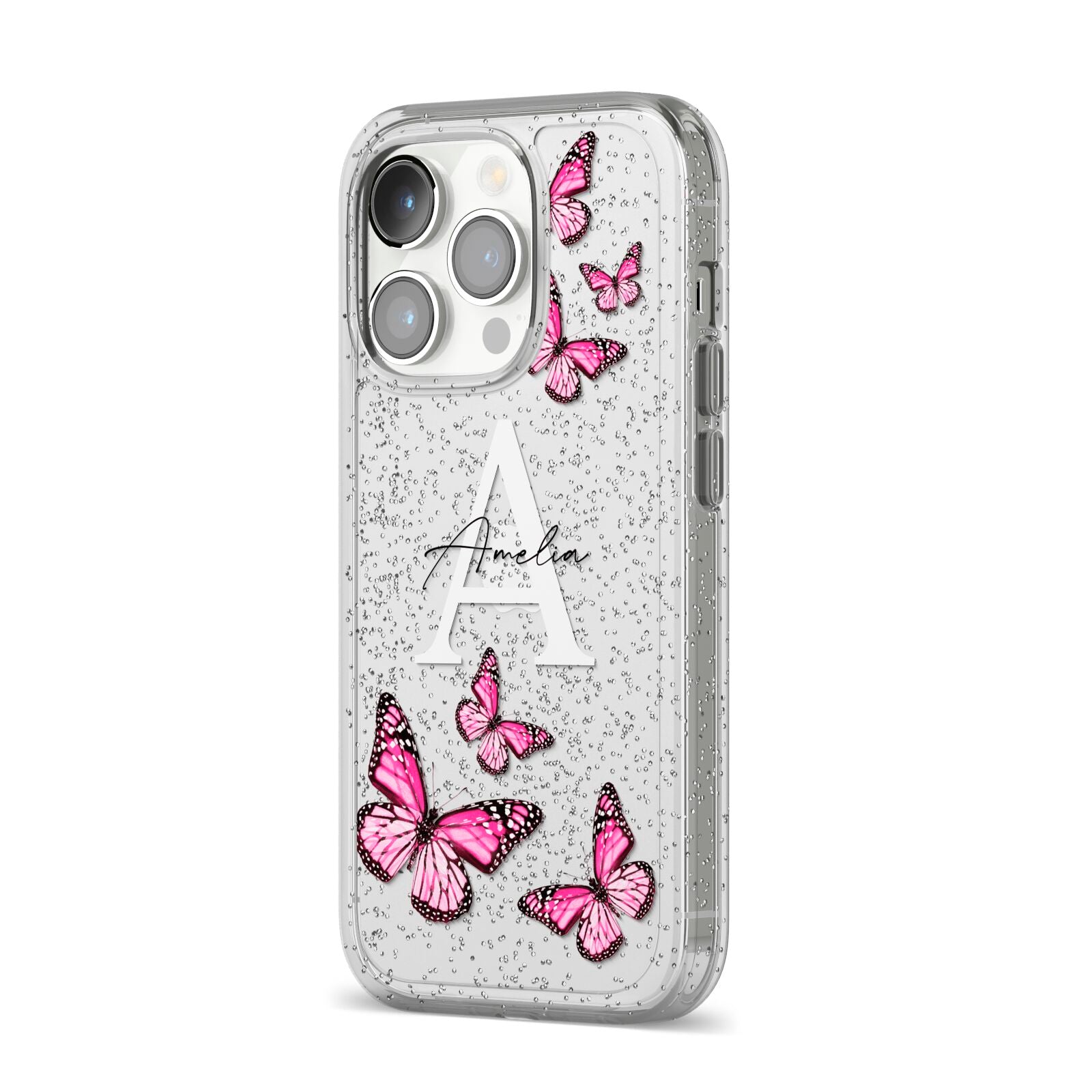 Personalised Butterfly iPhone 14 Pro Glitter Tough Case Silver Angled Image