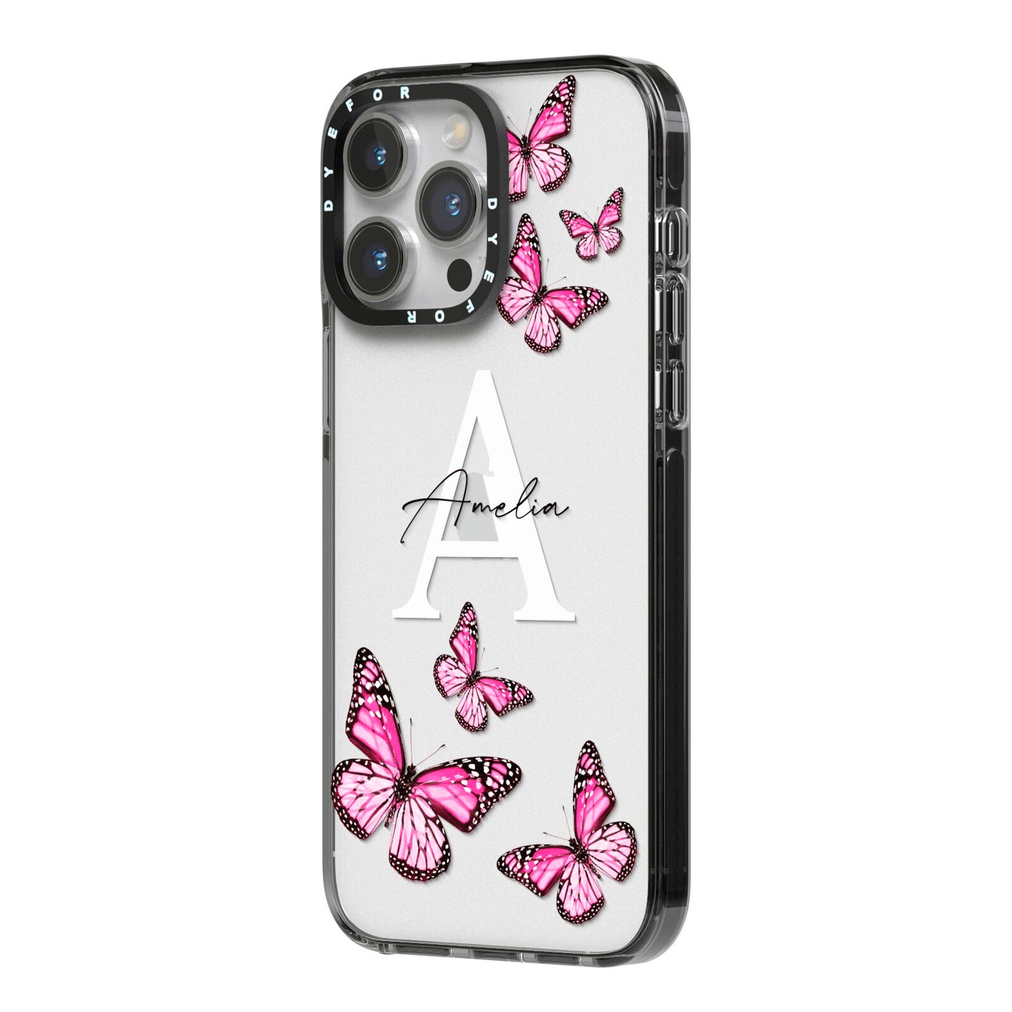 Personalised Butterfly iPhone 14 Pro Max Black Impact Case Side Angle on Silver phone